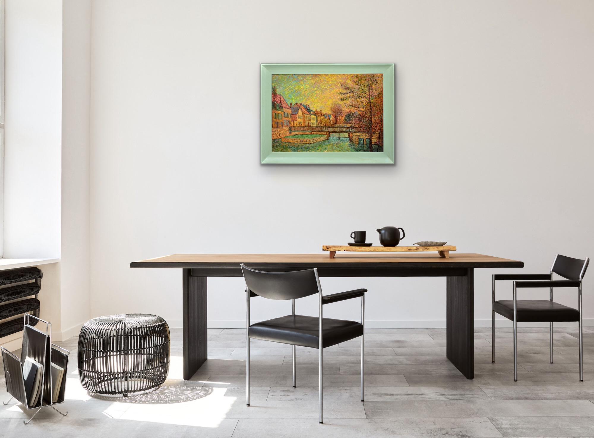 Gerahmtes pointillistisches Ölgemälde des Flusses Eure im alten Viertel von Chartres im Angebot 1