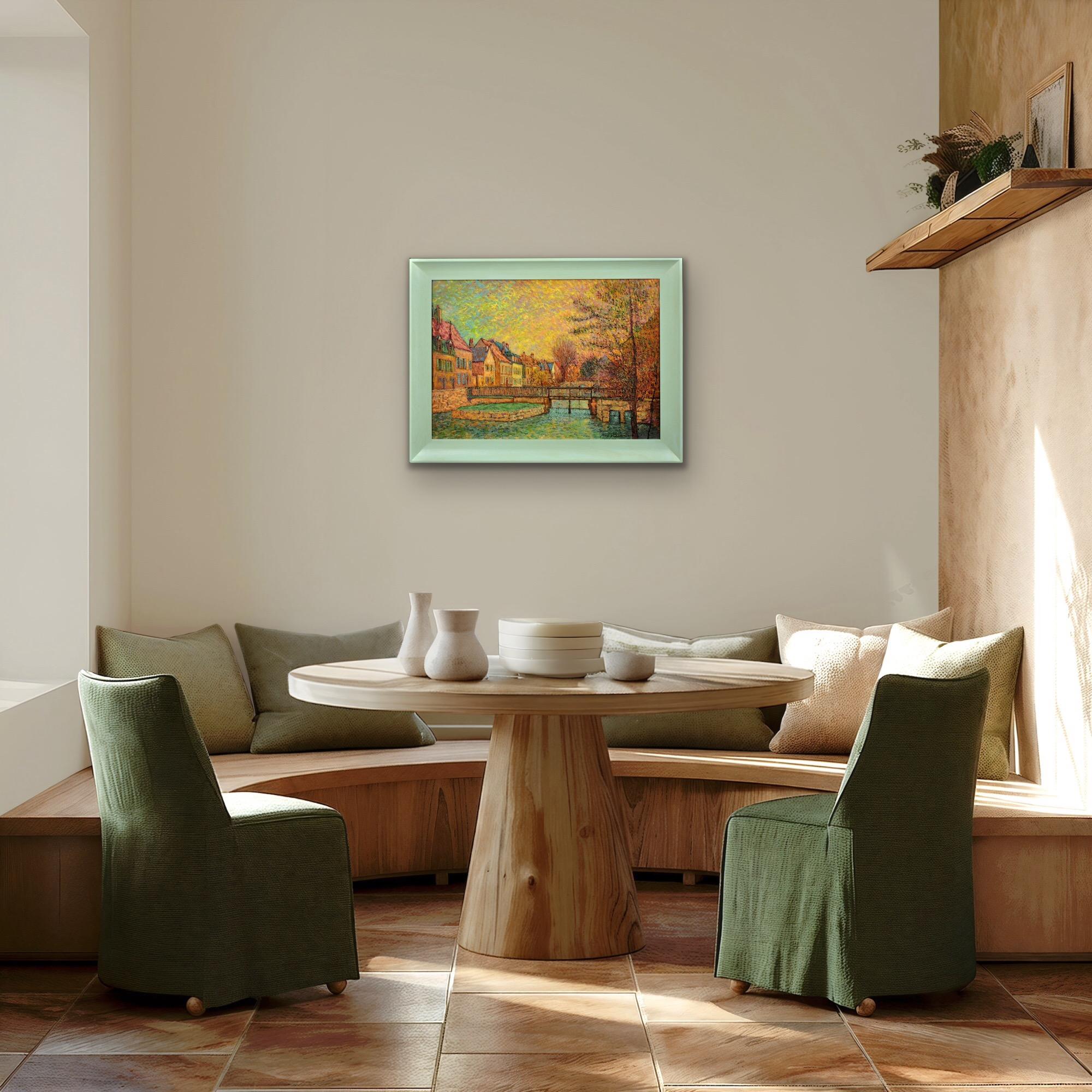 Gerahmtes pointillistisches Ölgemälde des Flusses Eure im alten Viertel von Chartres im Angebot 2