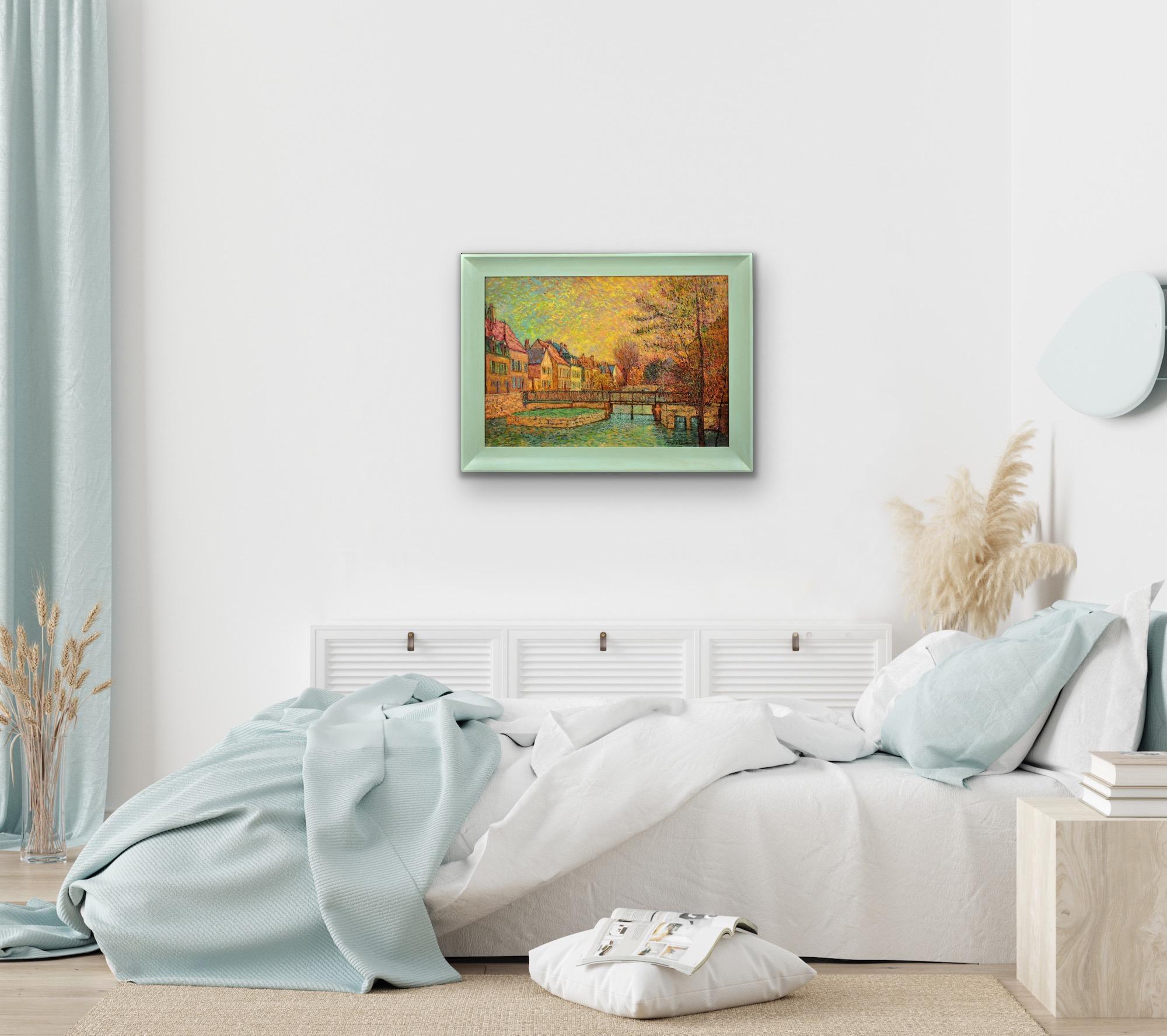 Gerahmtes pointillistisches Ölgemälde des Flusses Eure im alten Viertel von Chartres im Angebot 3