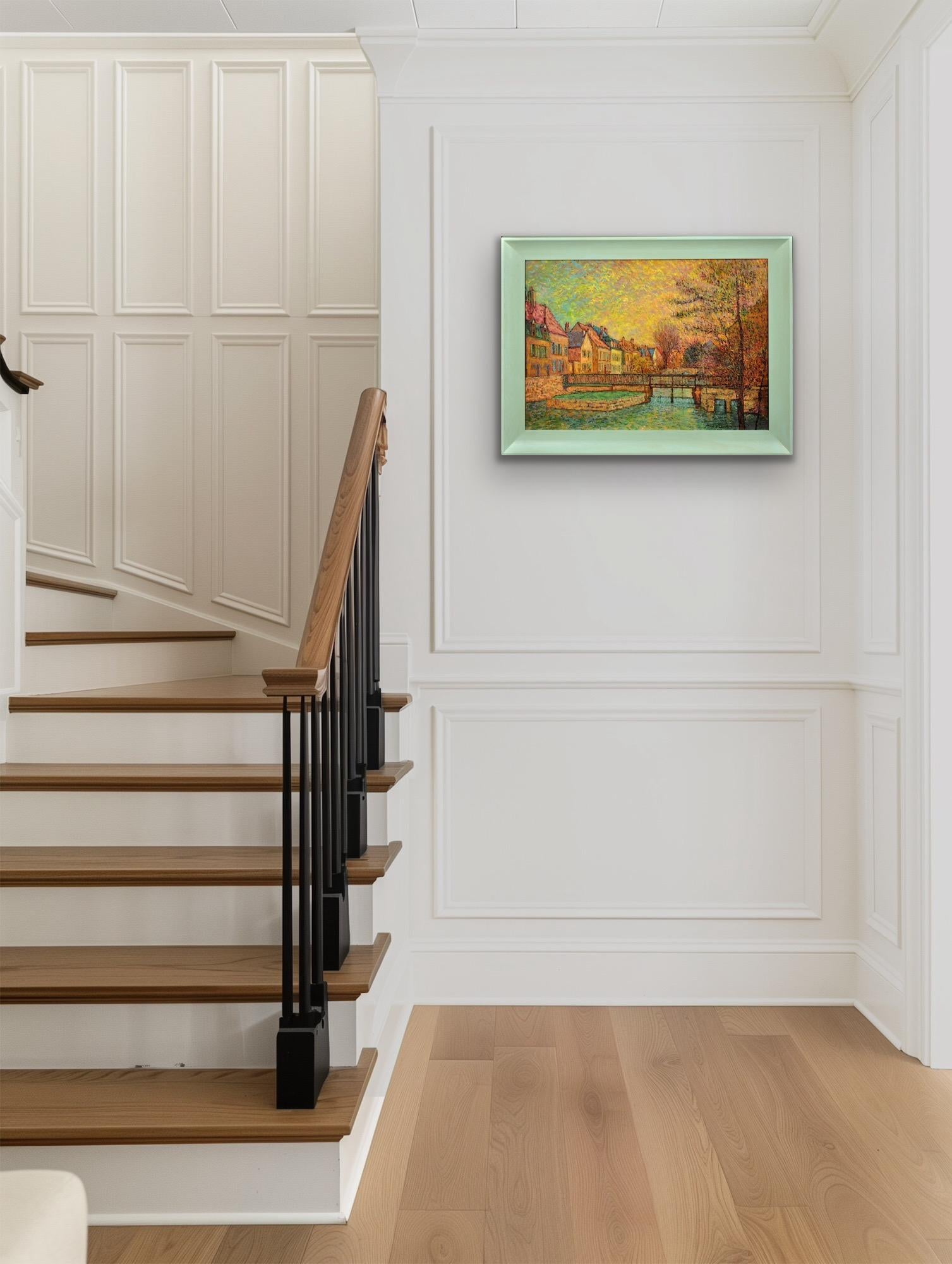 Gerahmtes pointillistisches Ölgemälde des Flusses Eure im alten Viertel von Chartres im Angebot 4