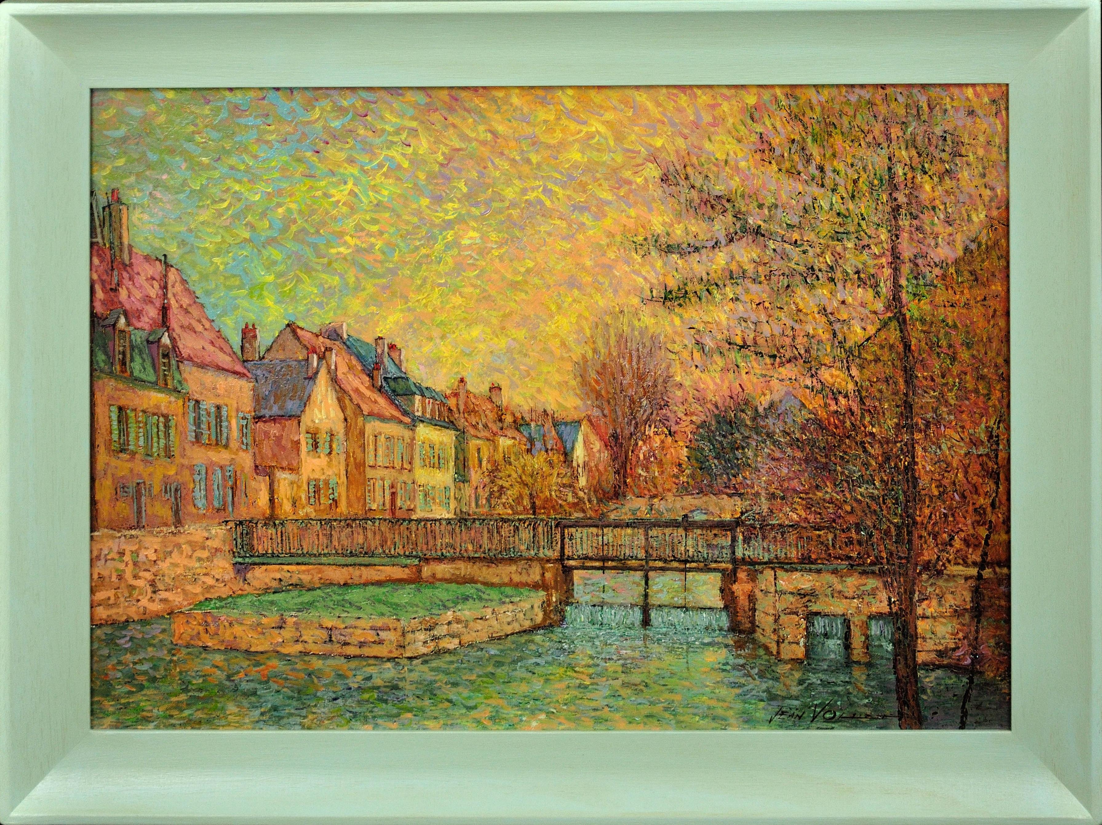 Jean Vollet Landscape Painting – Gerahmtes pointillistisches Ölgemälde des Flusses Eure im alten Viertel von Chartres