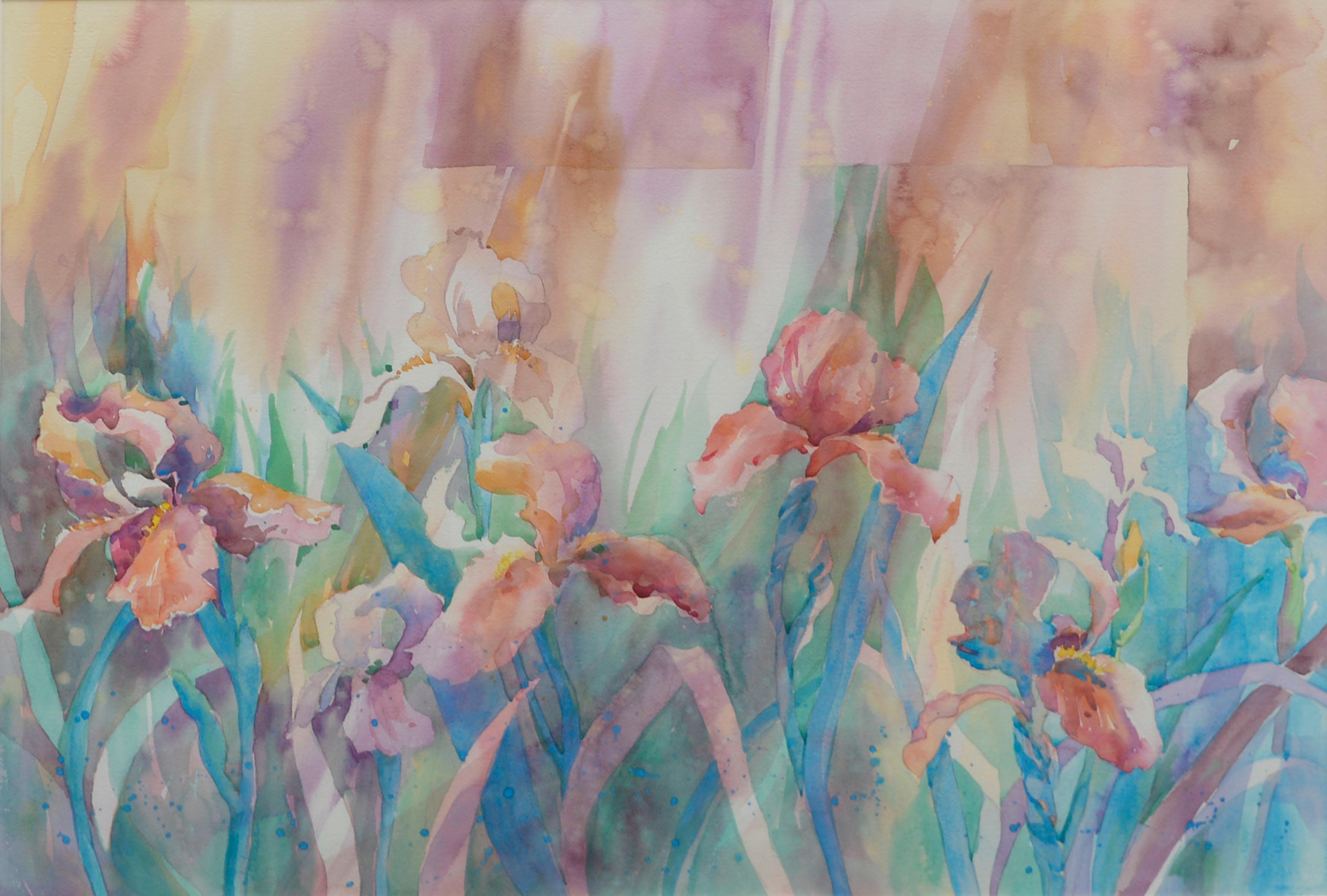 Iris mit Blütenblatt – Blumengarten-Aquarell-Stillleben  – Art von Jean Warren