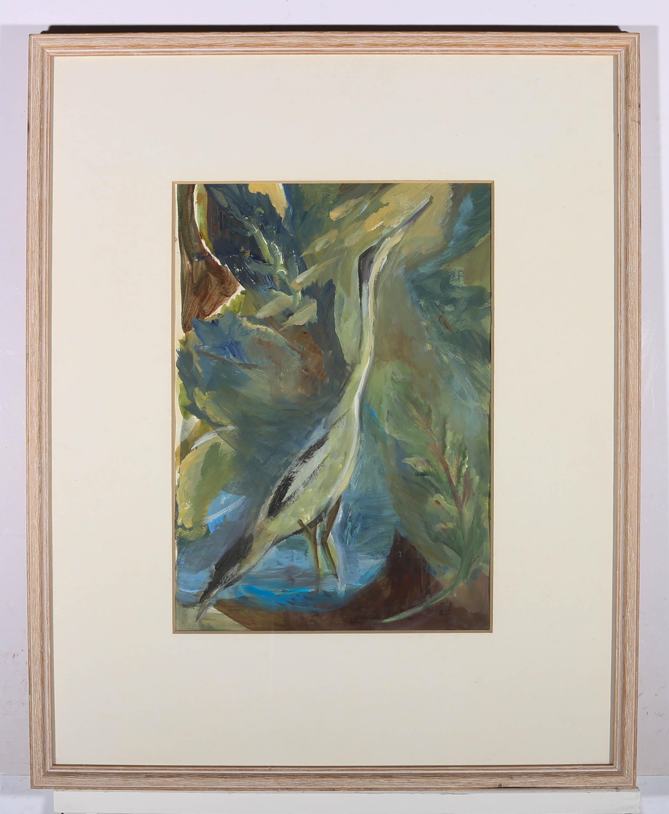 A beautifully lyrical depiction of a heron in oil. The bird is surrounded in swirling greenery and its elegant form stretches the full height of the painting. The artist has initialed to the lower right corner and the painting has been presented in
