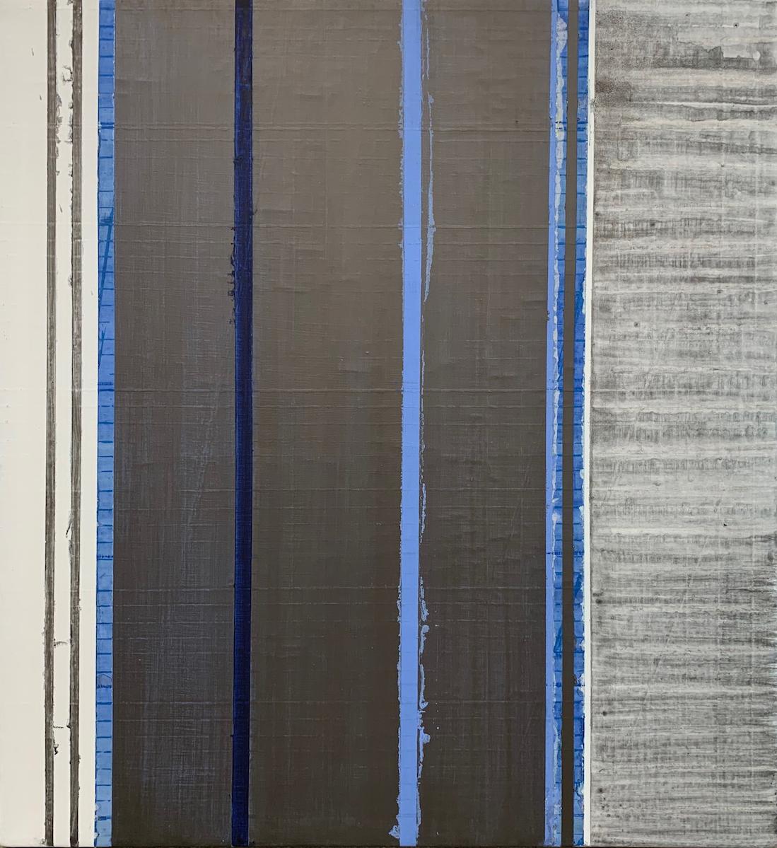 Jean Wolff Abstract Painting – Blauer Löffel, gestreiftes blaues Gemälde auf Leinwand