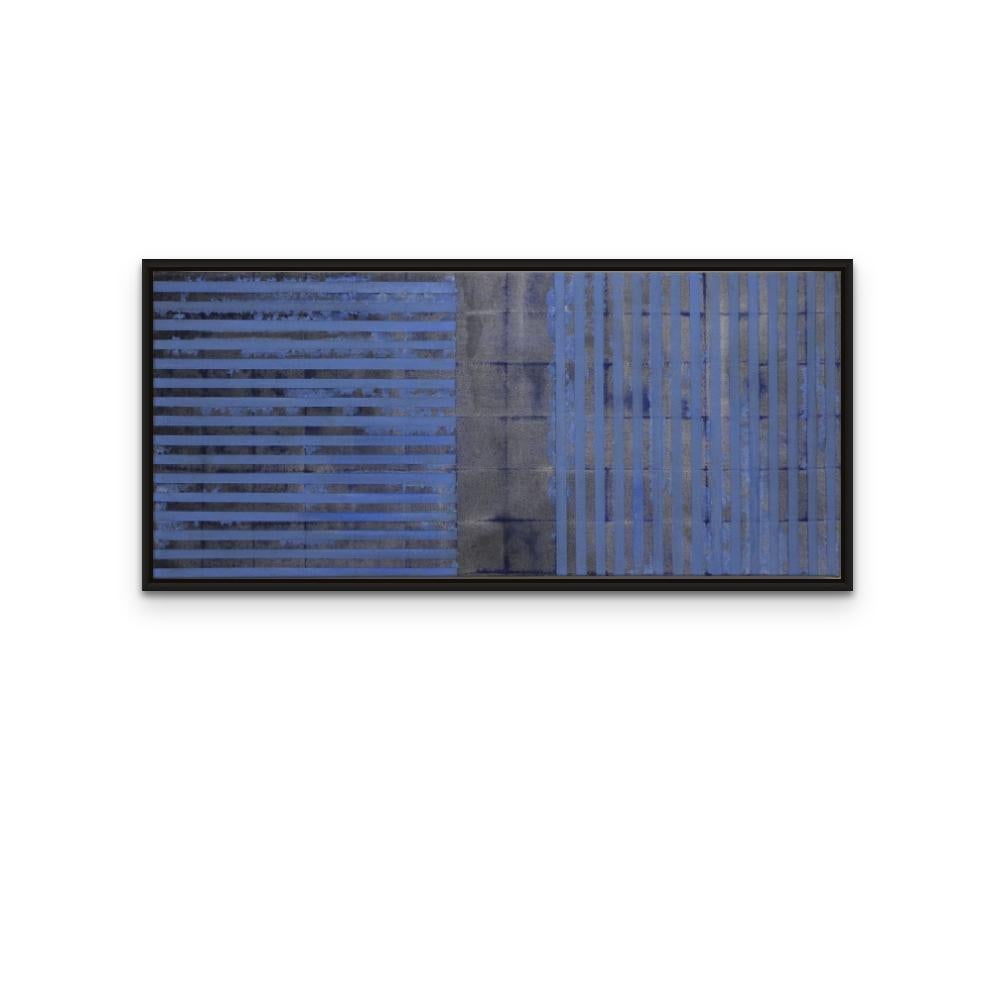 Blue Lines Fold, opera d'arte rettangolare su tela in blu - Painting Astratto di Jean Wolff