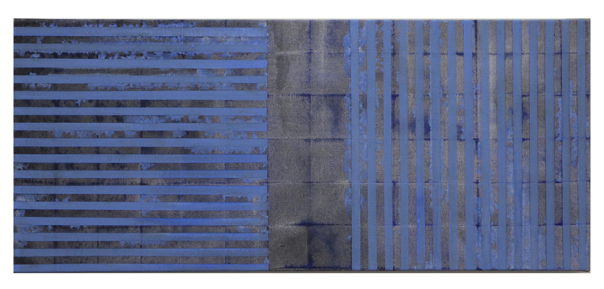 Jean Wolff Abstract Painting – Blaue blaue Linien gefaltetes, rechteckiges Kunstwerk auf Leinwand in Blau