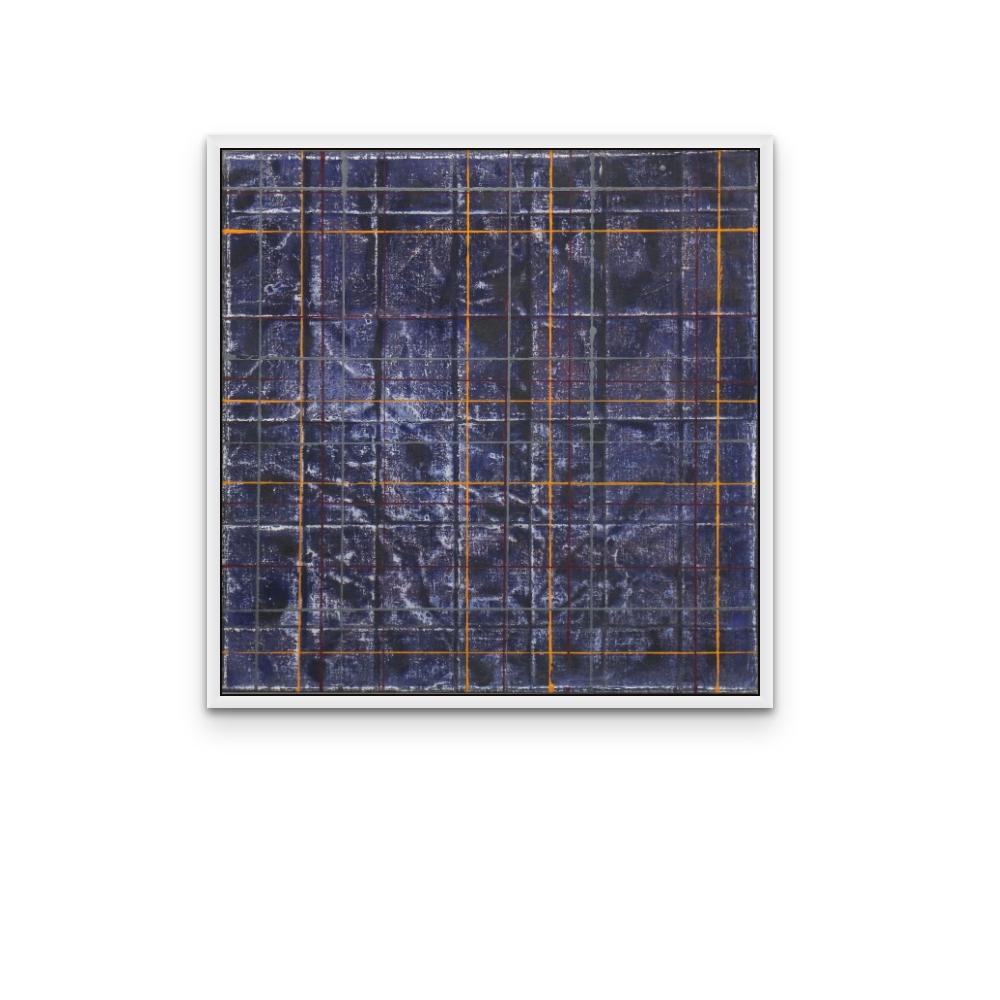 Denim Kariertes quadratisches Gemälde aus Acryl auf Leinwand (Schwarz), Abstract Painting, von Jean Wolff