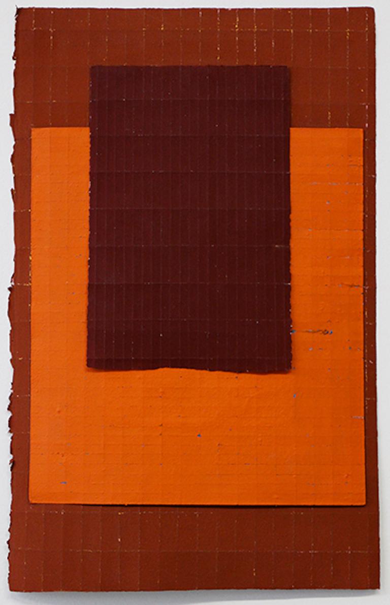 Orange Layered is a one-of-a-kind contemporary work on paper in abstract style. Made up of three sheets of folded paper in orange and auburn, it features acrylic paint and crayon. This unique conceptual piece ships flat in an oversized cardboard