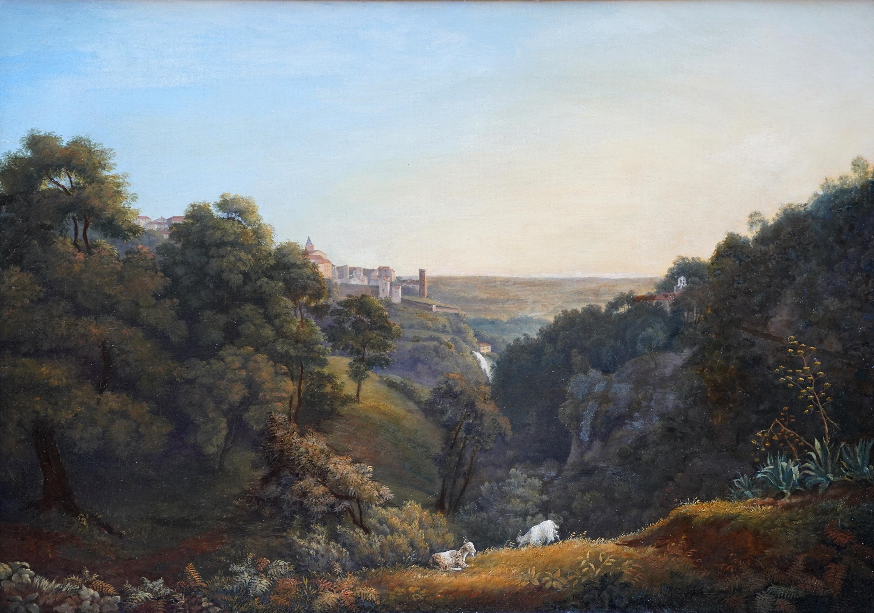 Tivoli Landscape - French 19th century art Italian landscape oil painting goats - Painting by Jean Xavier Bidauld