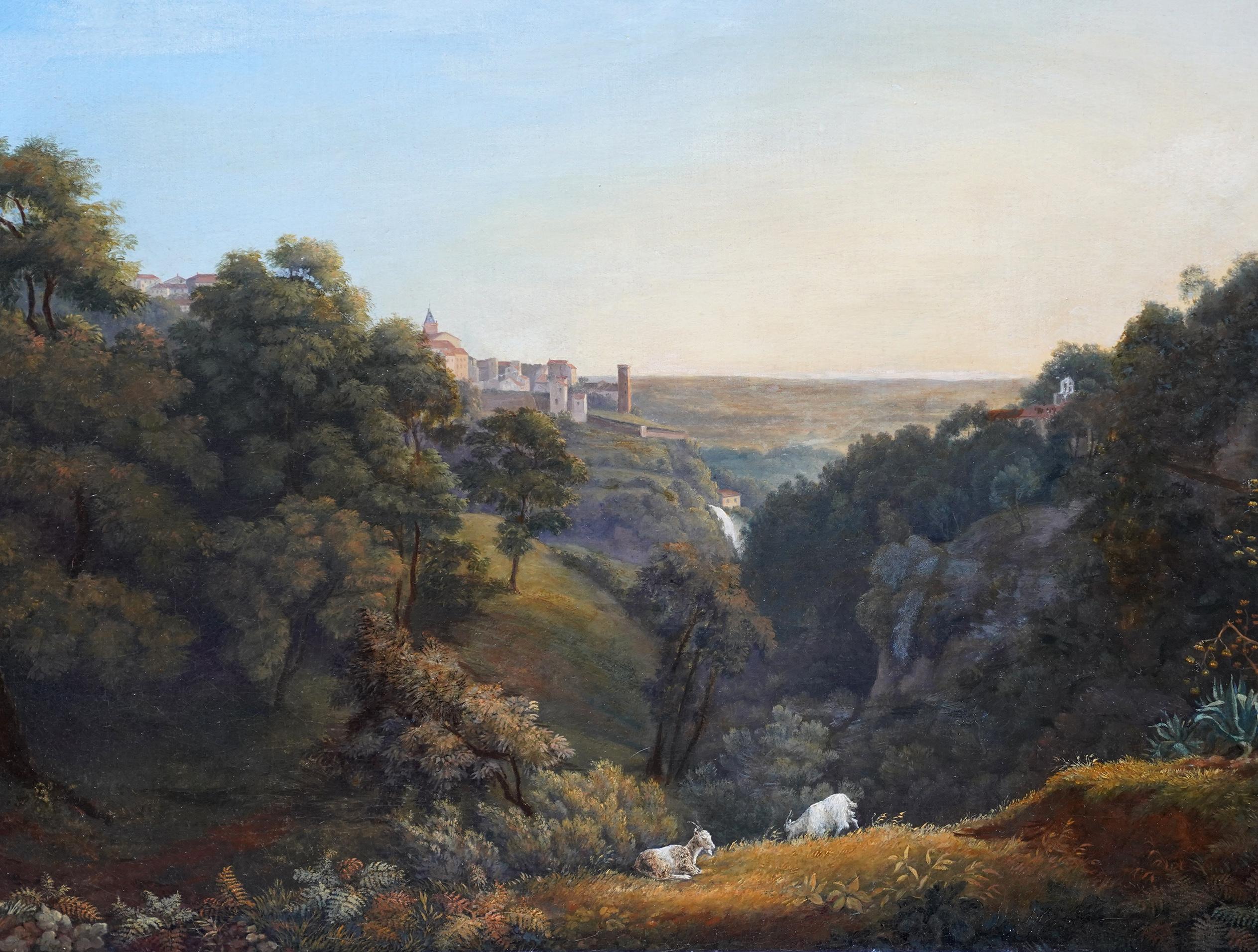 Tivoli Landscape - French 19th century art Italian landscape oil painting goats - Realist Painting by Jean Xavier Bidauld