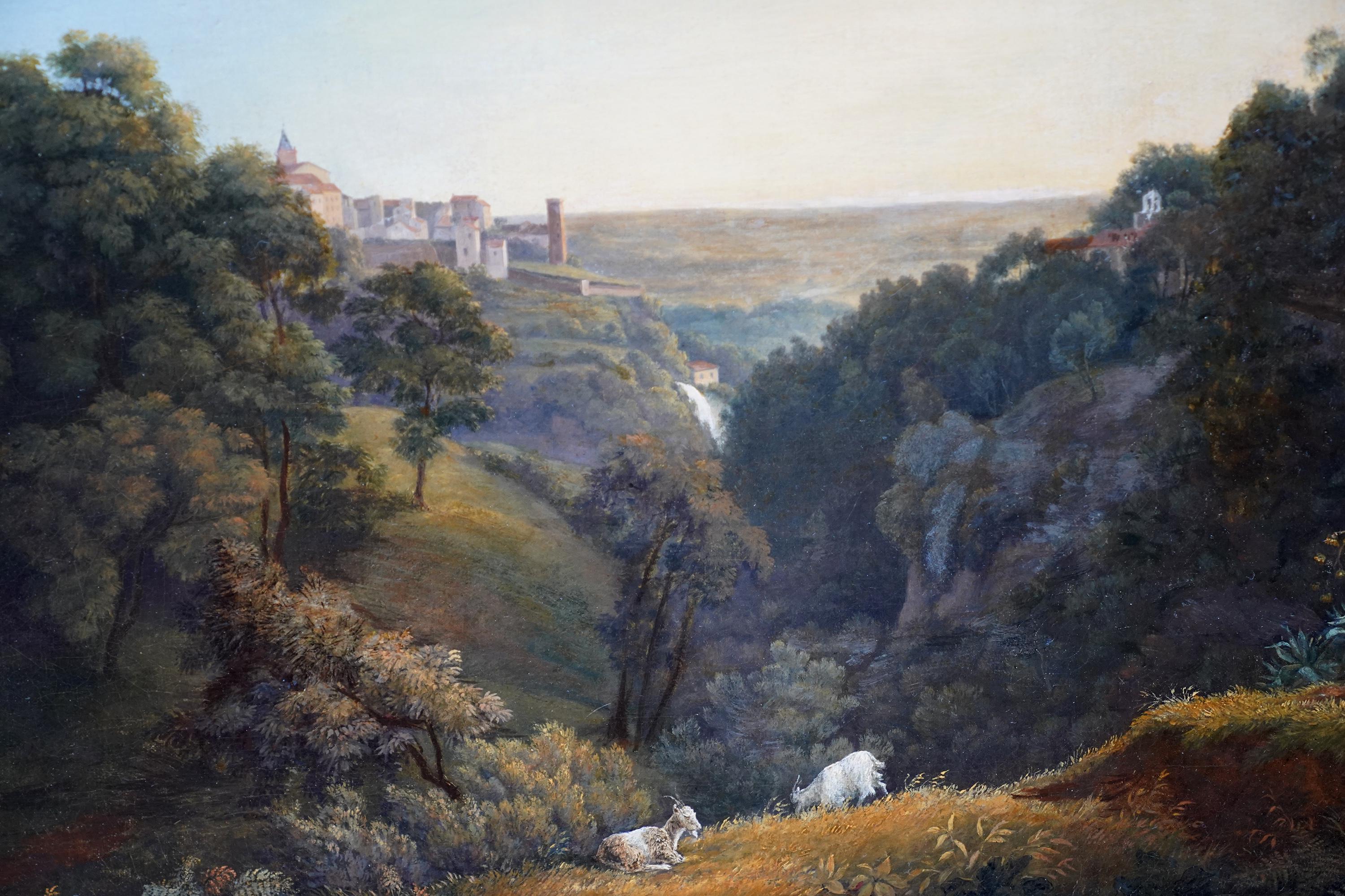 Tivoli Landscape - French 19th century art Italian landscape oil painting goats - Brown Animal Painting by Jean Xavier Bidauld