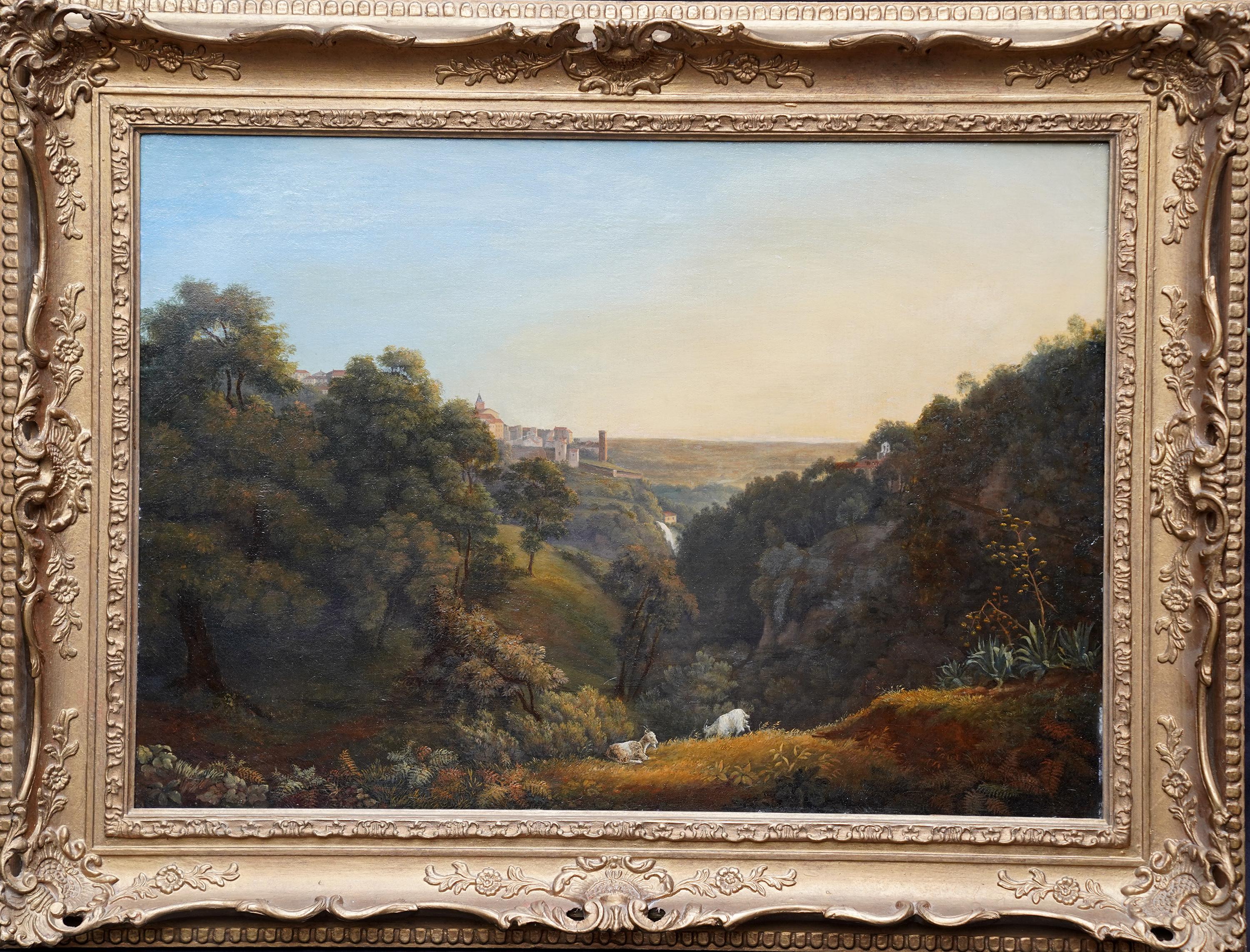 Jean Xavier Bidauld Animal Painting - Tivoli Landscape - French 19th century art Italian landscape oil painting goats