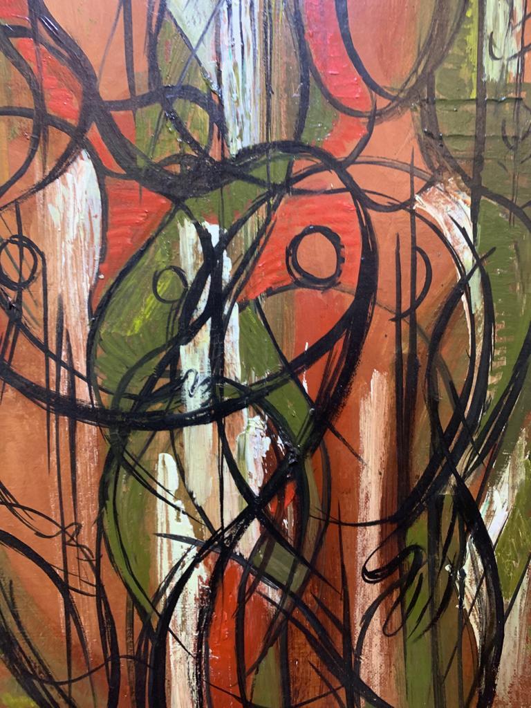 Jean Xceron (1890-1967) was a Greek American abstract artist. During his career, he developed an interest in expressive distortion, abstractions, collages, and was influenced by Dadaism. In this painting, we have two distorted figures, in a cubism