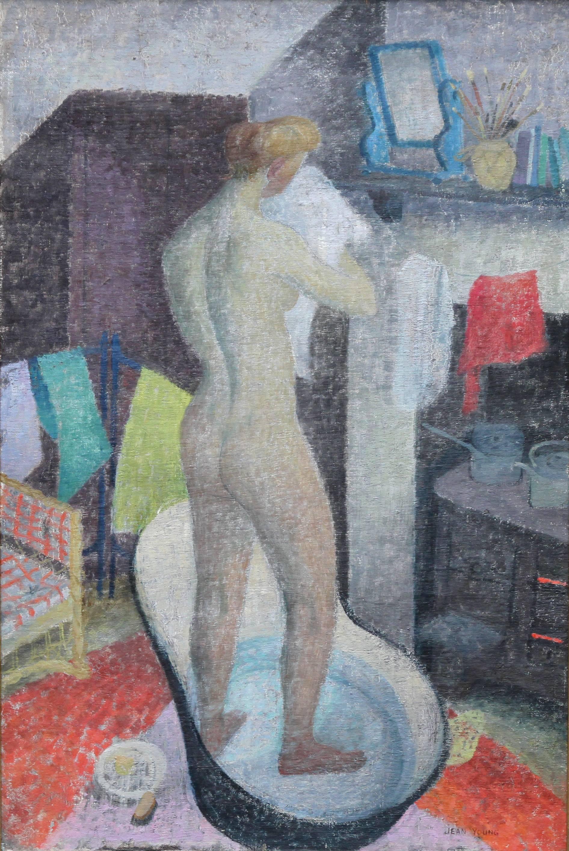 Tin Bath - British 40's art Post-Impressionist interior oil nude self portrait - Painting by Jean Young