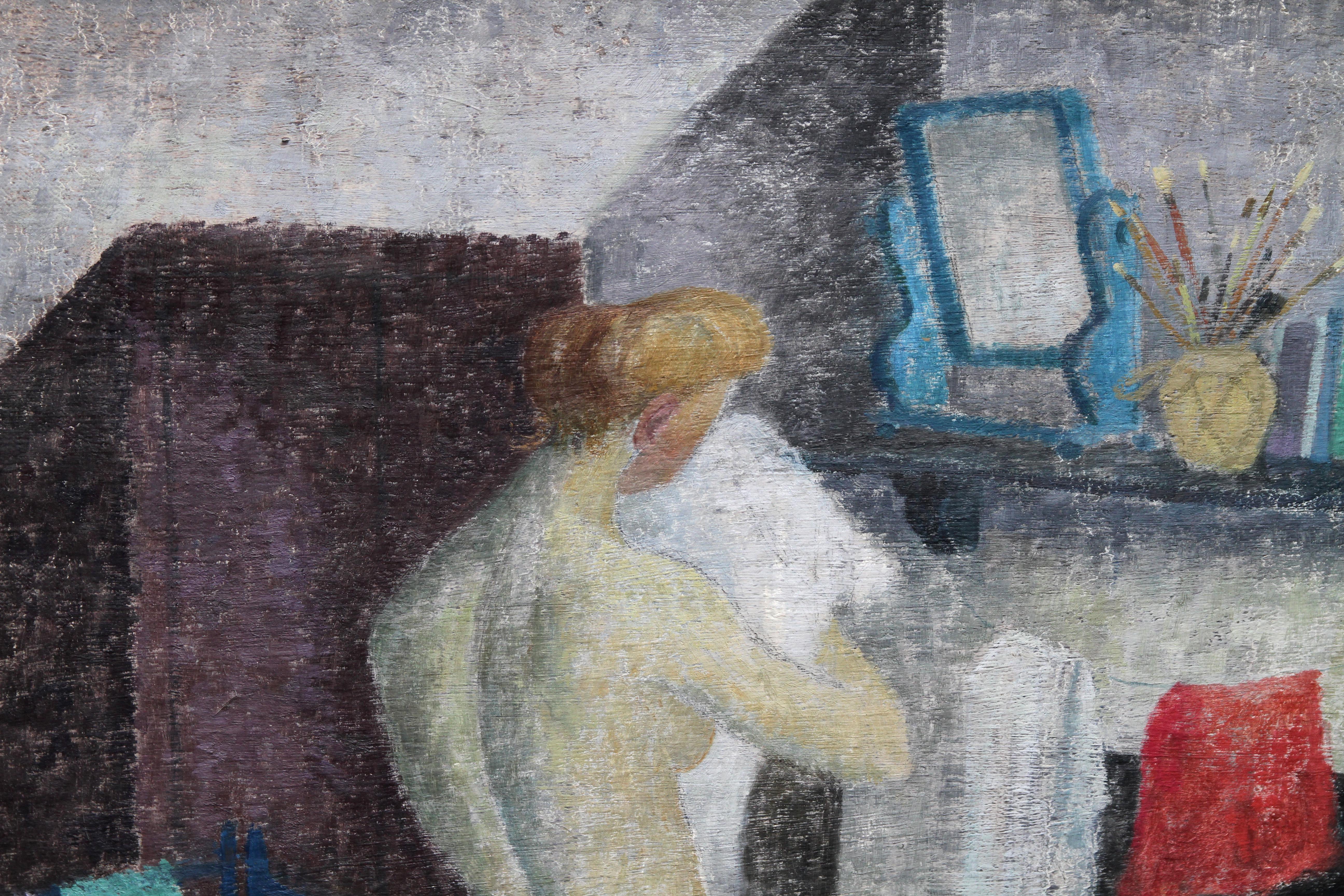 Ein beeindruckendes postimpressionistisches Porträt eines Mädchens, das sich im Blechbad wäscht, von der Künstlerin Jean Young.  Ich glaube, dass es sich um ein Selbstporträt handelt, da oben rechts neben dem Spiegel ein Topf mit Künstlerpinseln