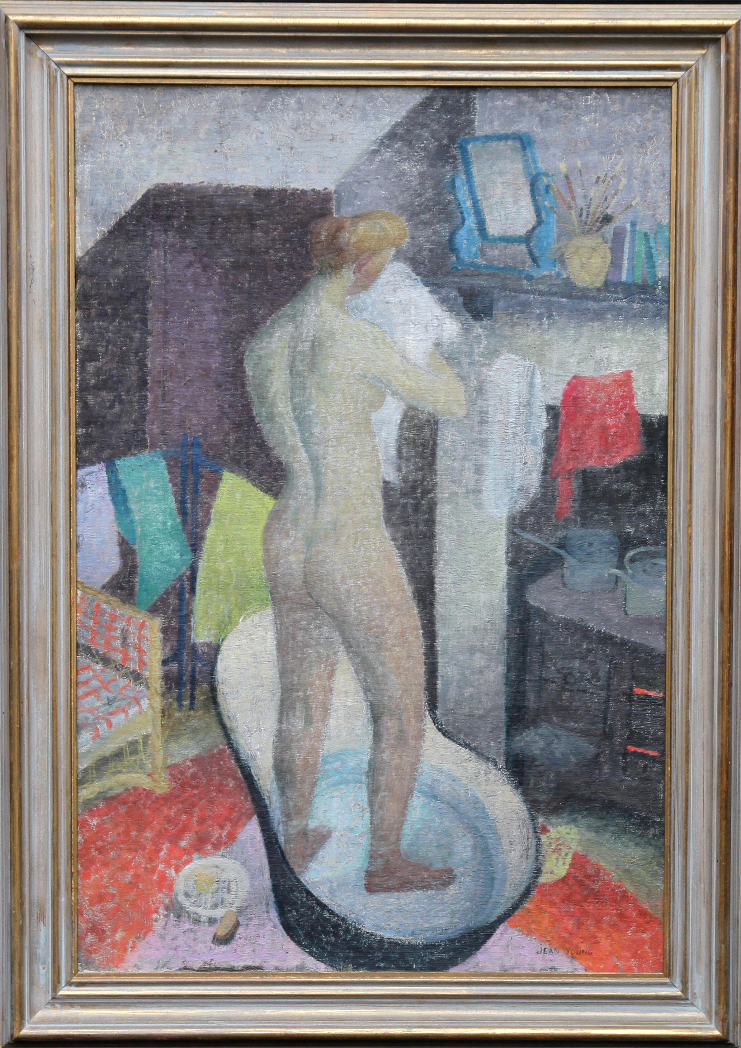 Tin Bath - British 40's art Post-Impressionist interior oil nude self portrait For Sale 6