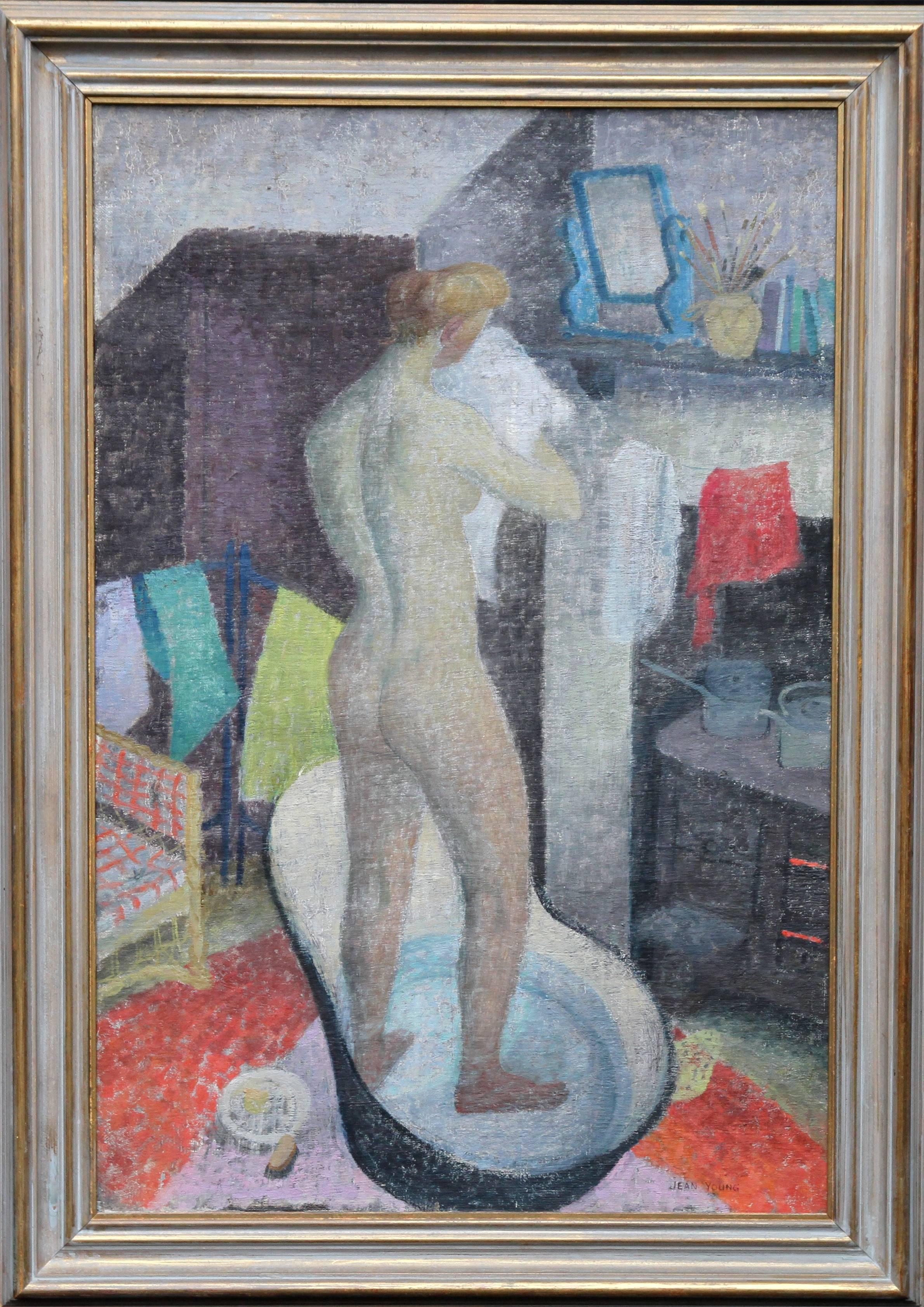 Jean Young Nude Painting - Tin Bath - British 40's art Post-Impressionist interior oil nude self portrait
