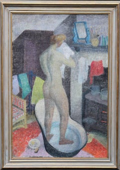 Vintage Tin Bath - British 40's art Post-Impressionist interior oil nude self portrait