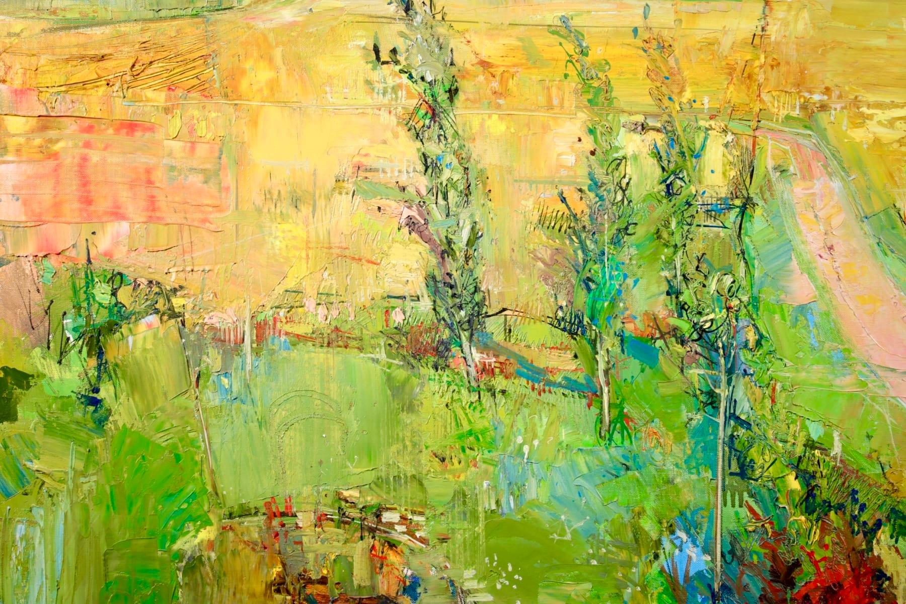 A delightful large oil on canvas circa 1960 by French Post Impressionist painter Jean Yves Commere depicting a summer landscape - the yellow fields beautifully contrasted by the light blue sky and the green garden to the foreground.