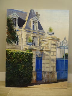 Pair of oil on canvas Views of Elegant French houses with blue doors