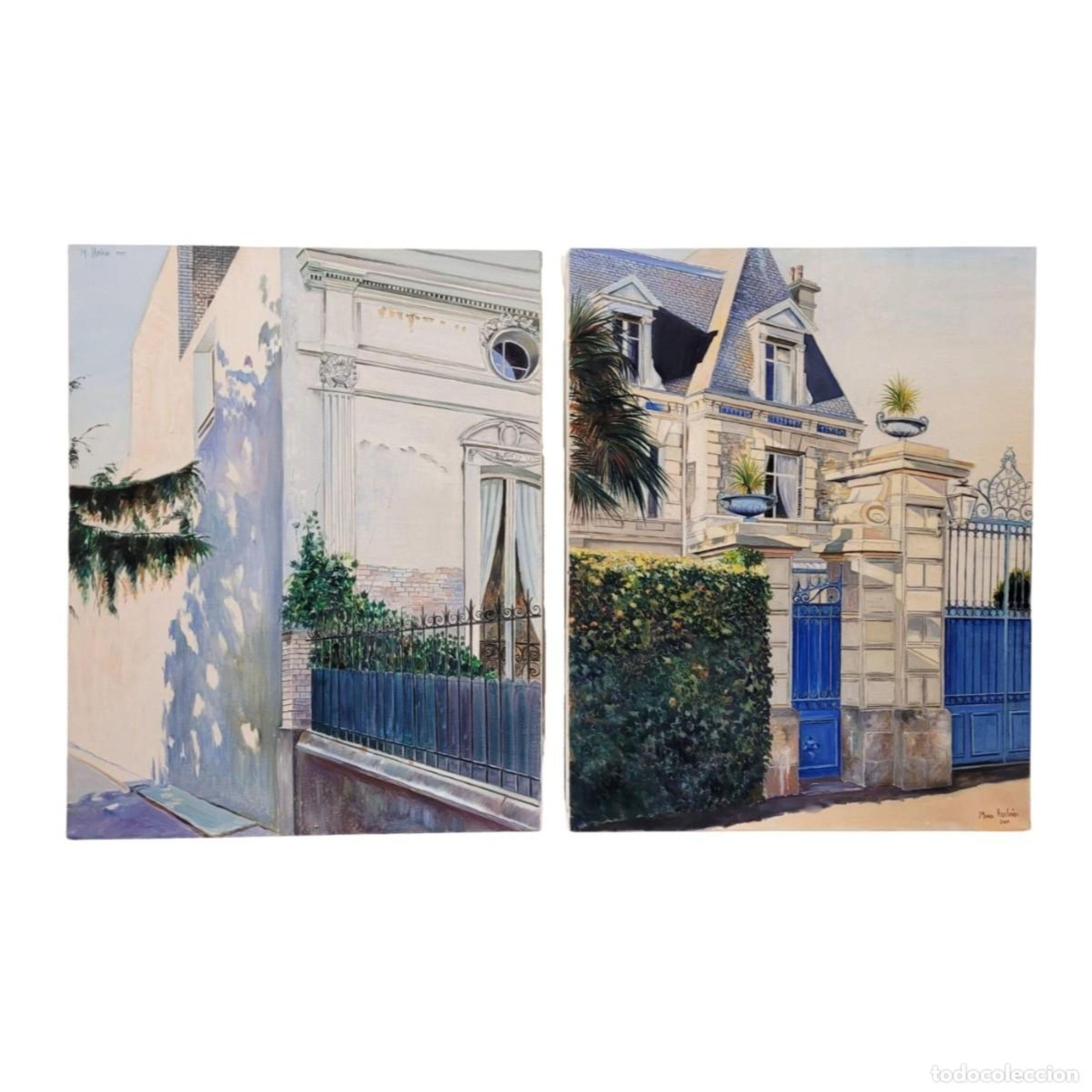Landscape Painting di  Jean Yves Herbin - Coppia di dipinti a olio su tela raffiguranti eleganti case francesi con porte blu