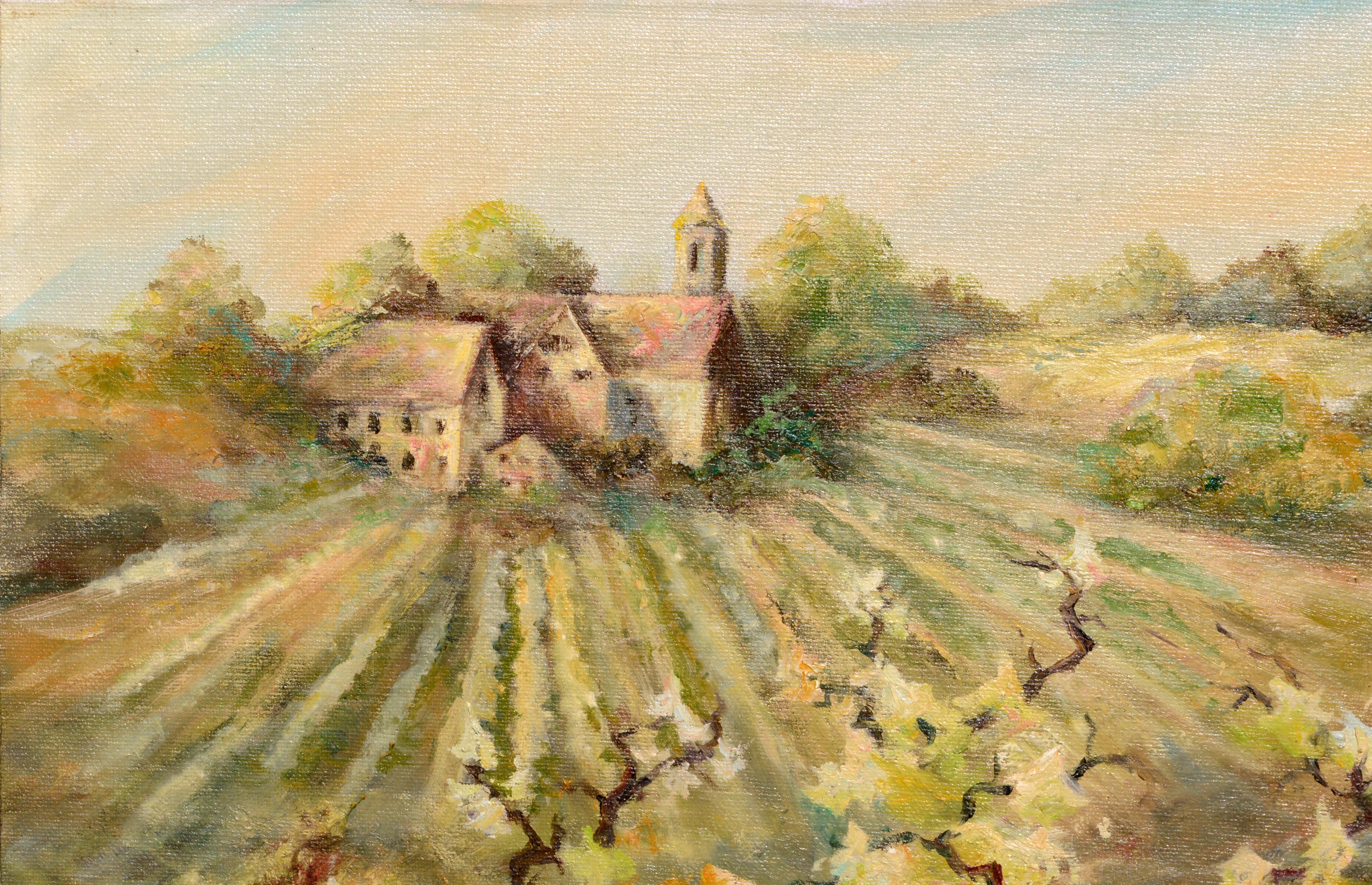 Vineyard Estate, Winery Landscape with Grape Vines  - Painting by Jeane Kluga