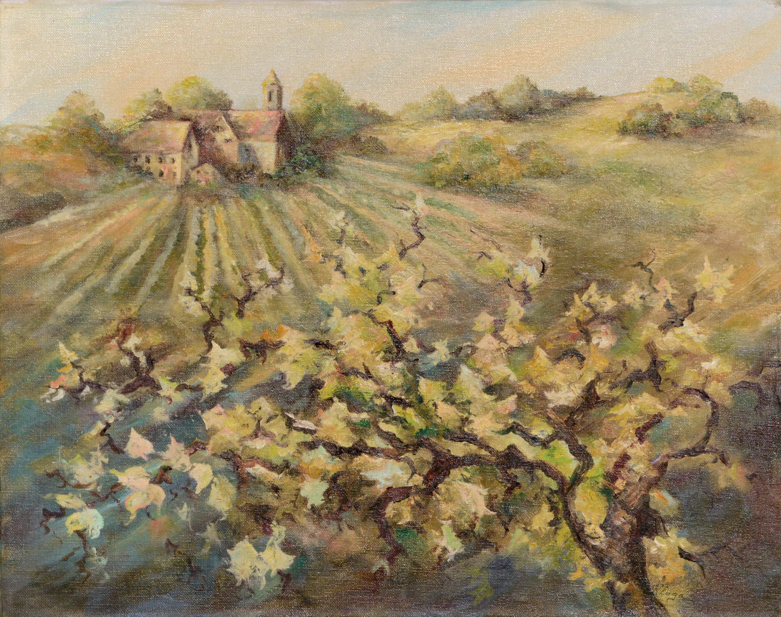 Jeane Kluga Landscape Painting - Vineyard Estate, Winery Landscape with Grape Vines 