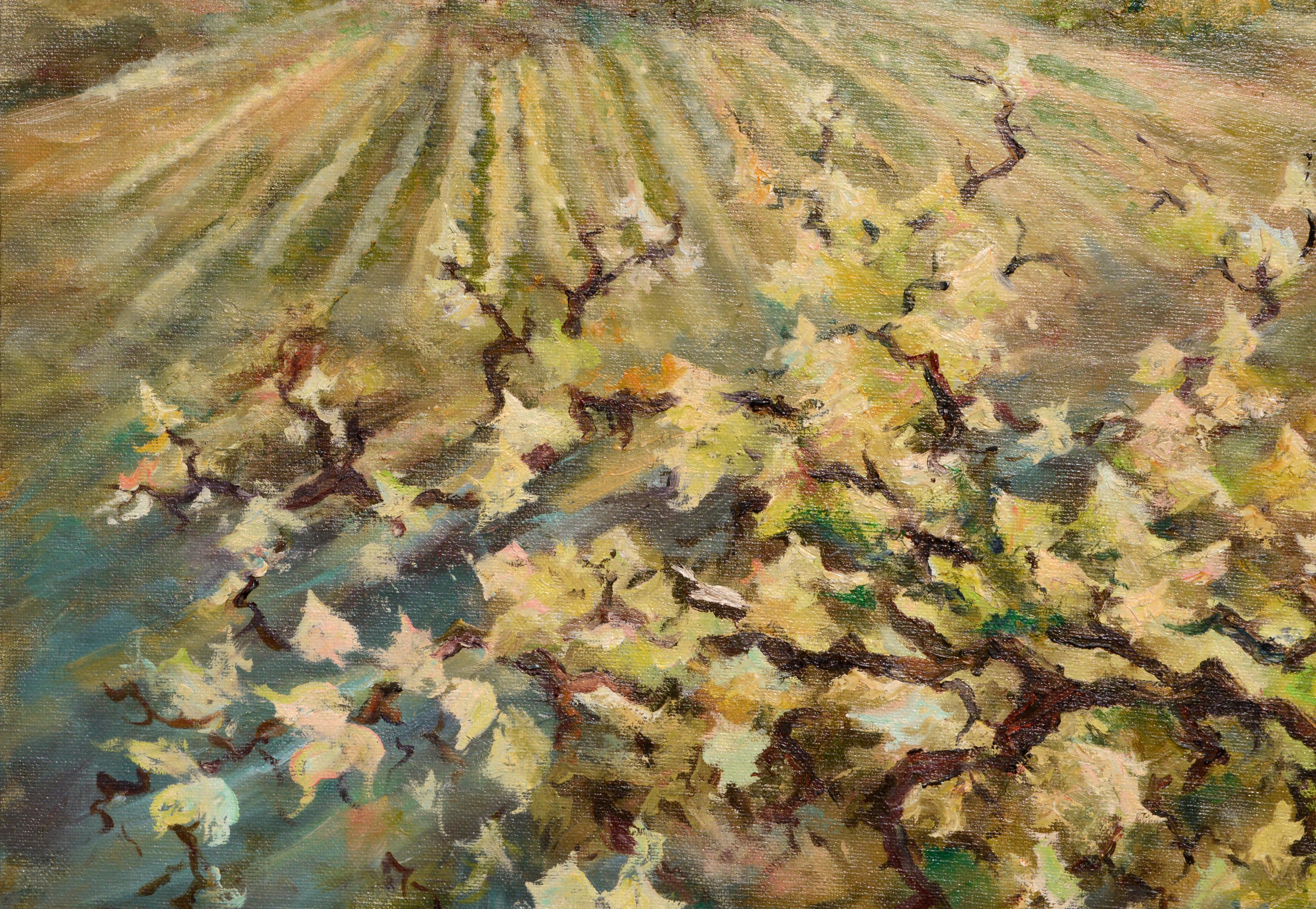 Paesaggio di vigneto e cantina con viti d'uva in olio su tela - Painting American Modern di Jeane Kluga