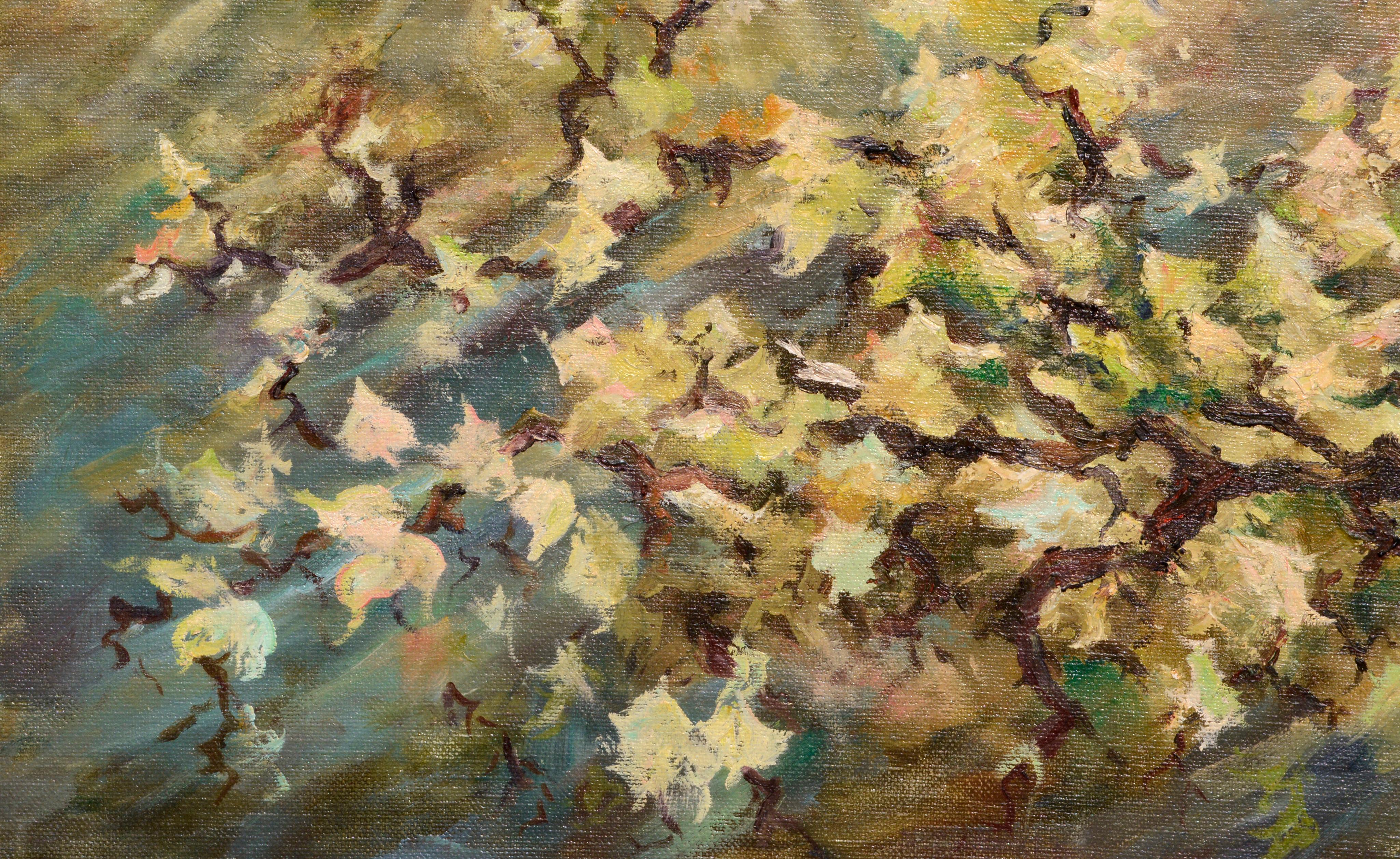 Paesaggio di vigneto e cantina con viti d'uva in olio su tela - Landscape Painting Marrone di Jeane Kluga