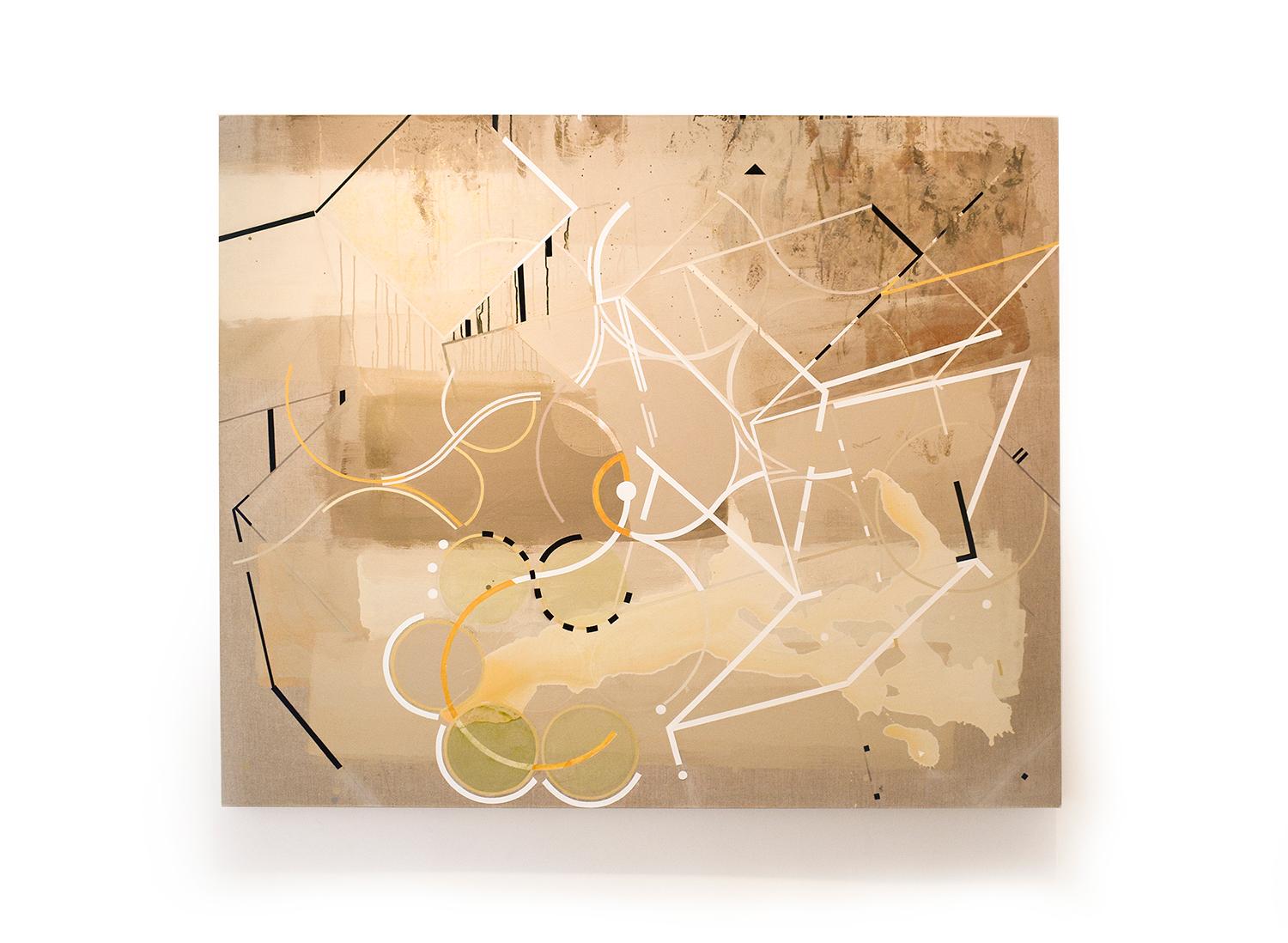 Geometric and gestural abstract painting on linen in earth tones of beige, tan, light brown, gold, with details of white and black
