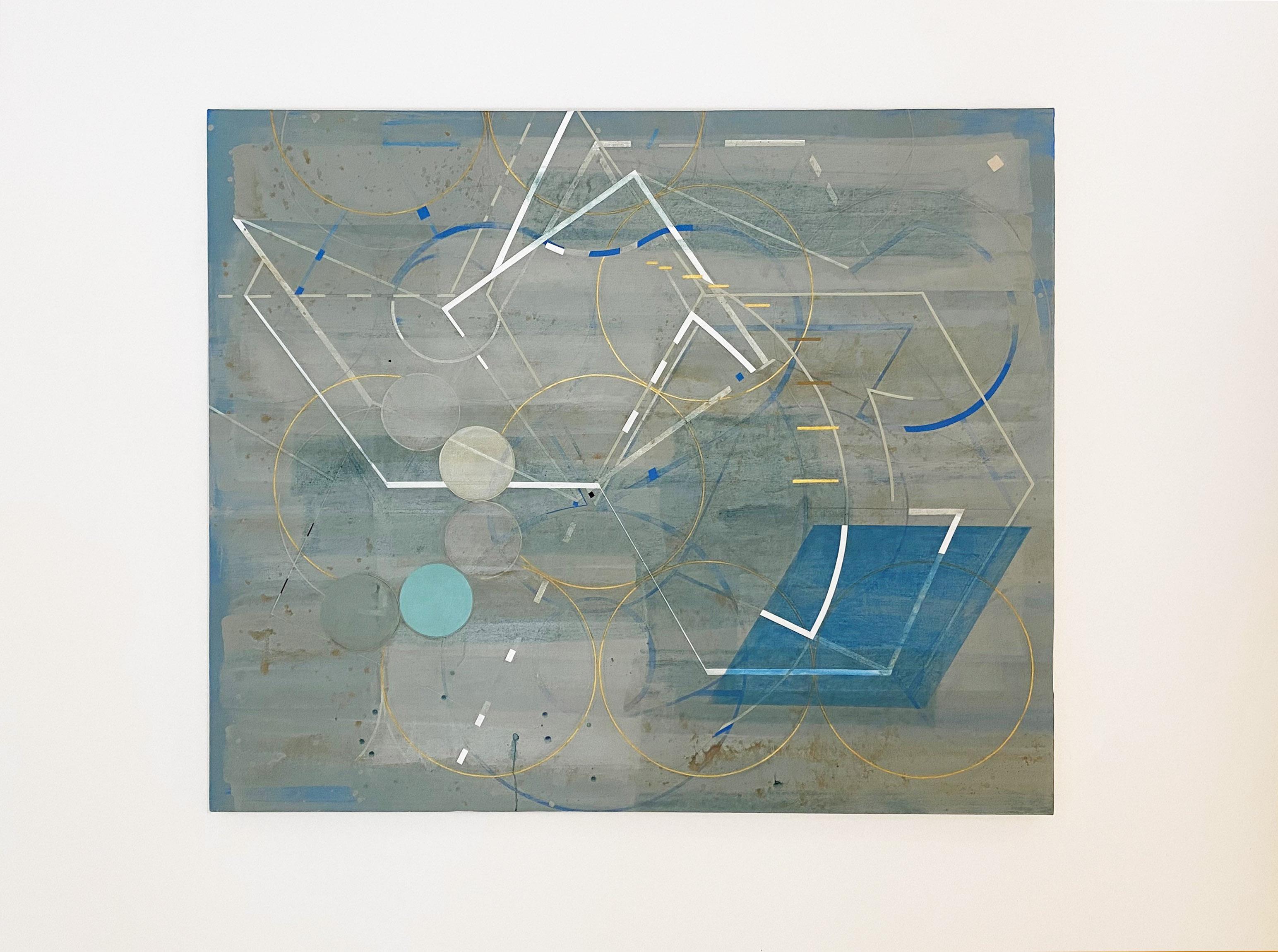Balance & Beam Locus in Transit n°2 (acrylique abstraite géométrique sur lin, bleu) - Géométrique abstrait Painting par Jeanette Fintz