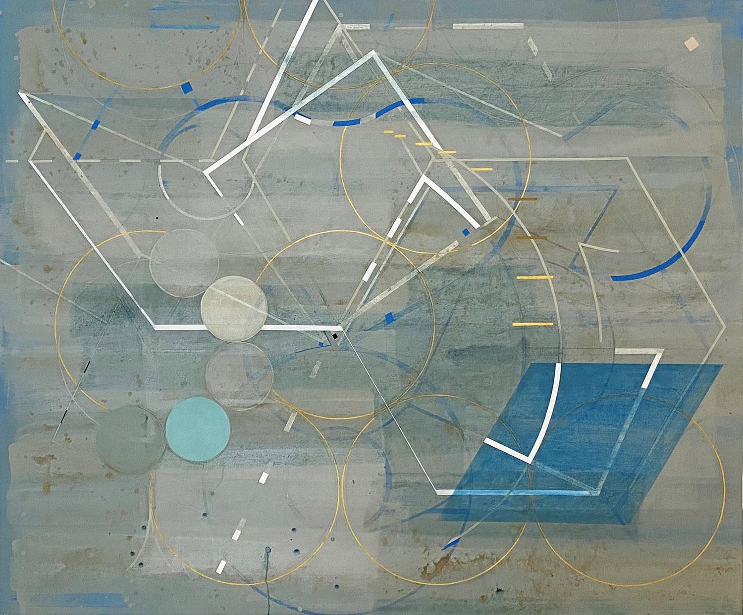 Balance & Beam Locus in Transit n°2 (acrylique abstraite géométrique sur lin, bleu) - Painting de Jeanette Fintz