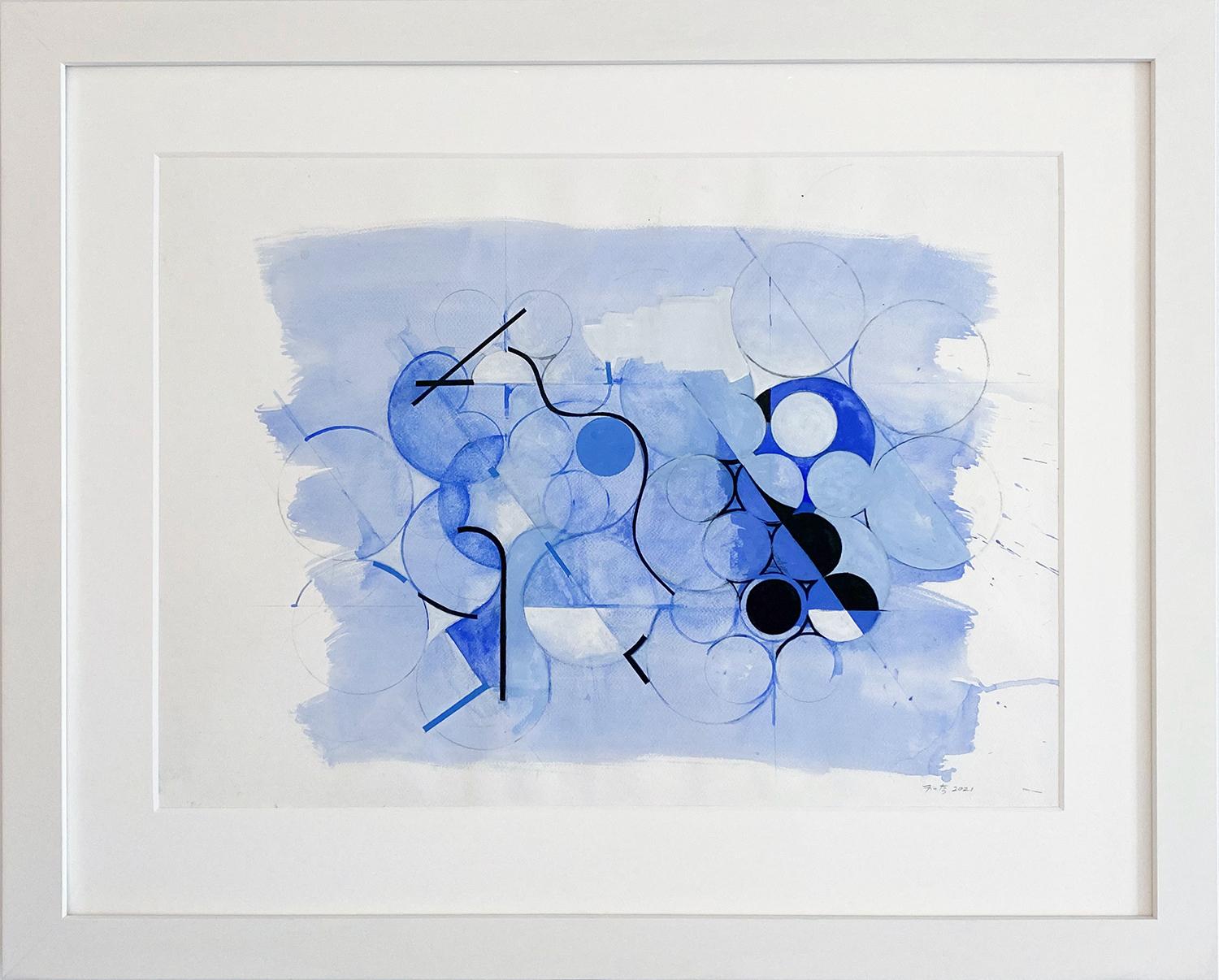 Blaue blaue Mutterzeichnung #2 (Geometrisches abstraktes Aquarellmalerei in Blau und Schwarz) – Painting von Jeanette Fintz