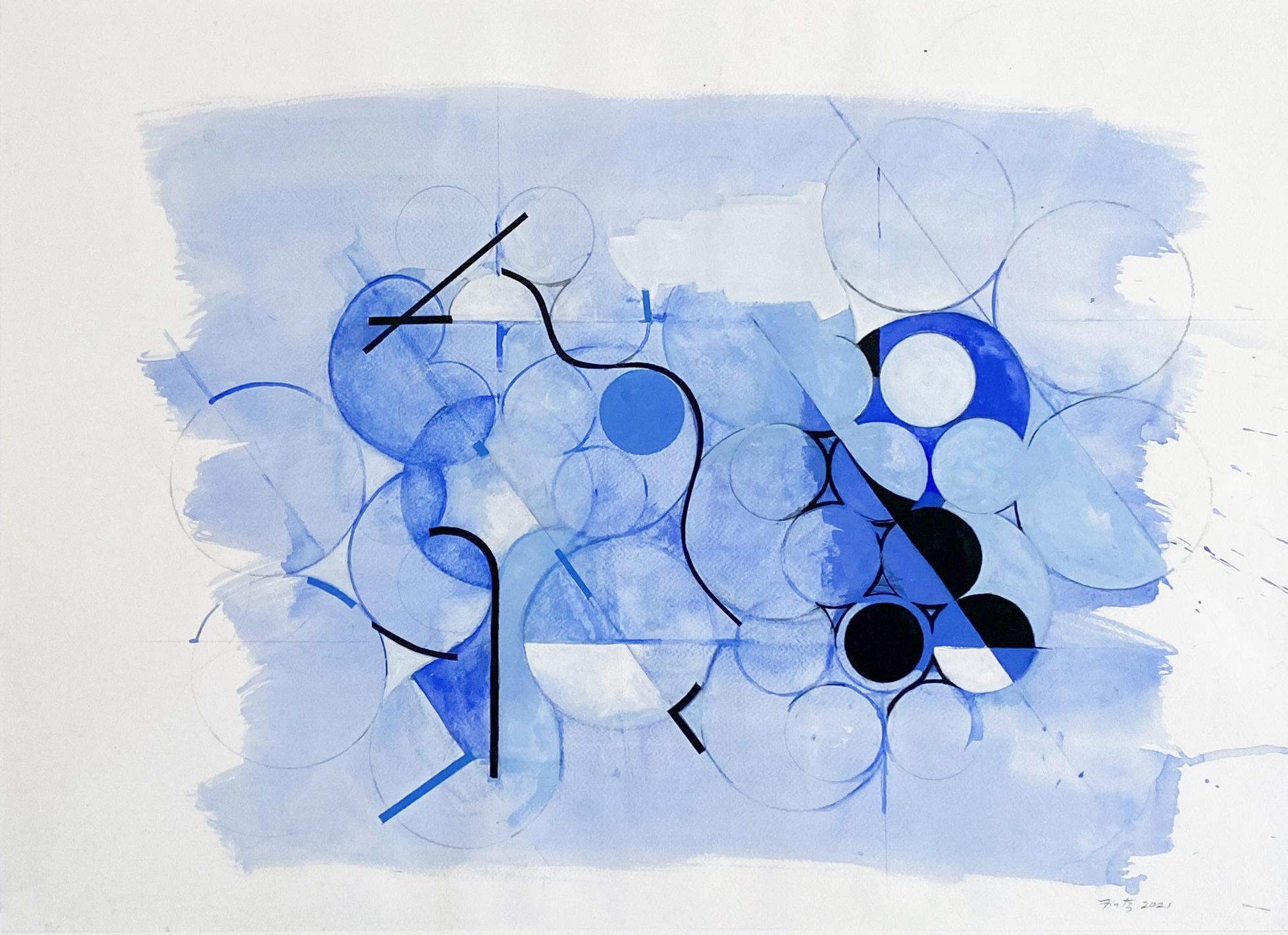 Dibujo Madre Azul nº 2 (Pintura abstracta geométrica en acuarela en azul y negro)