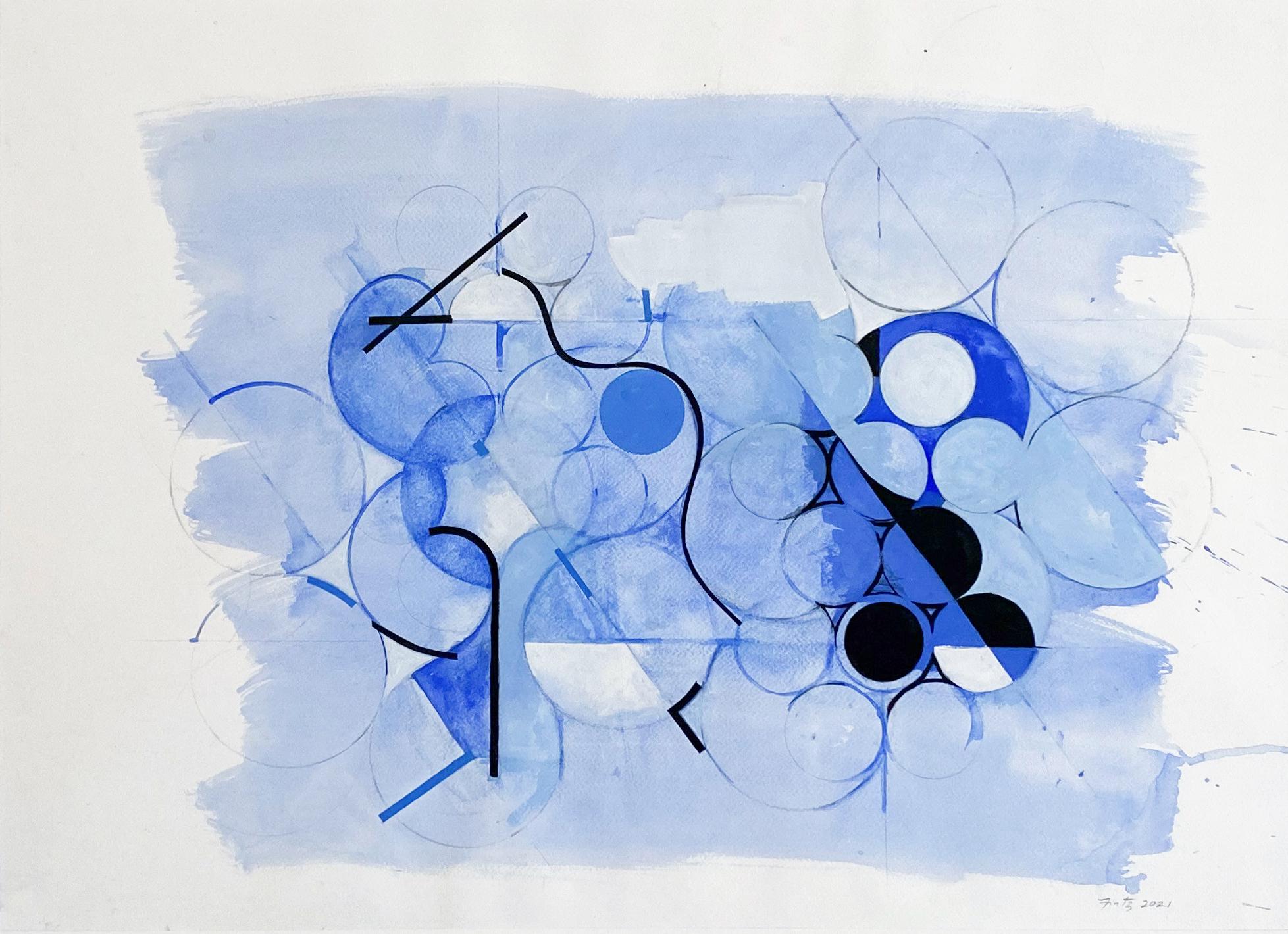 Jeanette Fintz Abstract Painting - Blue Mother Drawing #2 (Geometric Abstract Watercolor Painting in Blue & Black)