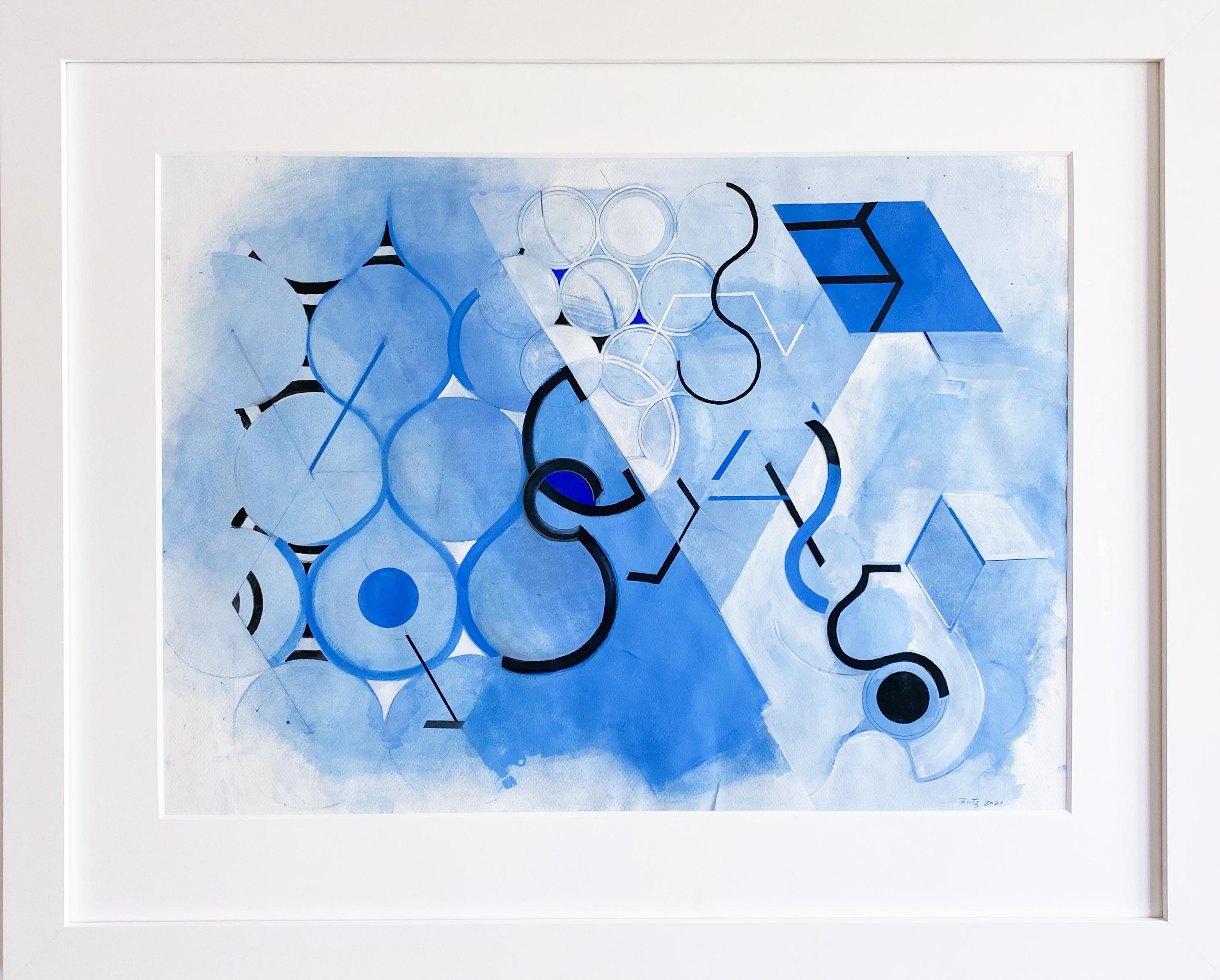Blaue blaue Mutterzeichnung #3 (Geometrisches abstraktes Aquarellmalerei in Blau und Schwarz) – Painting von Jeanette Fintz