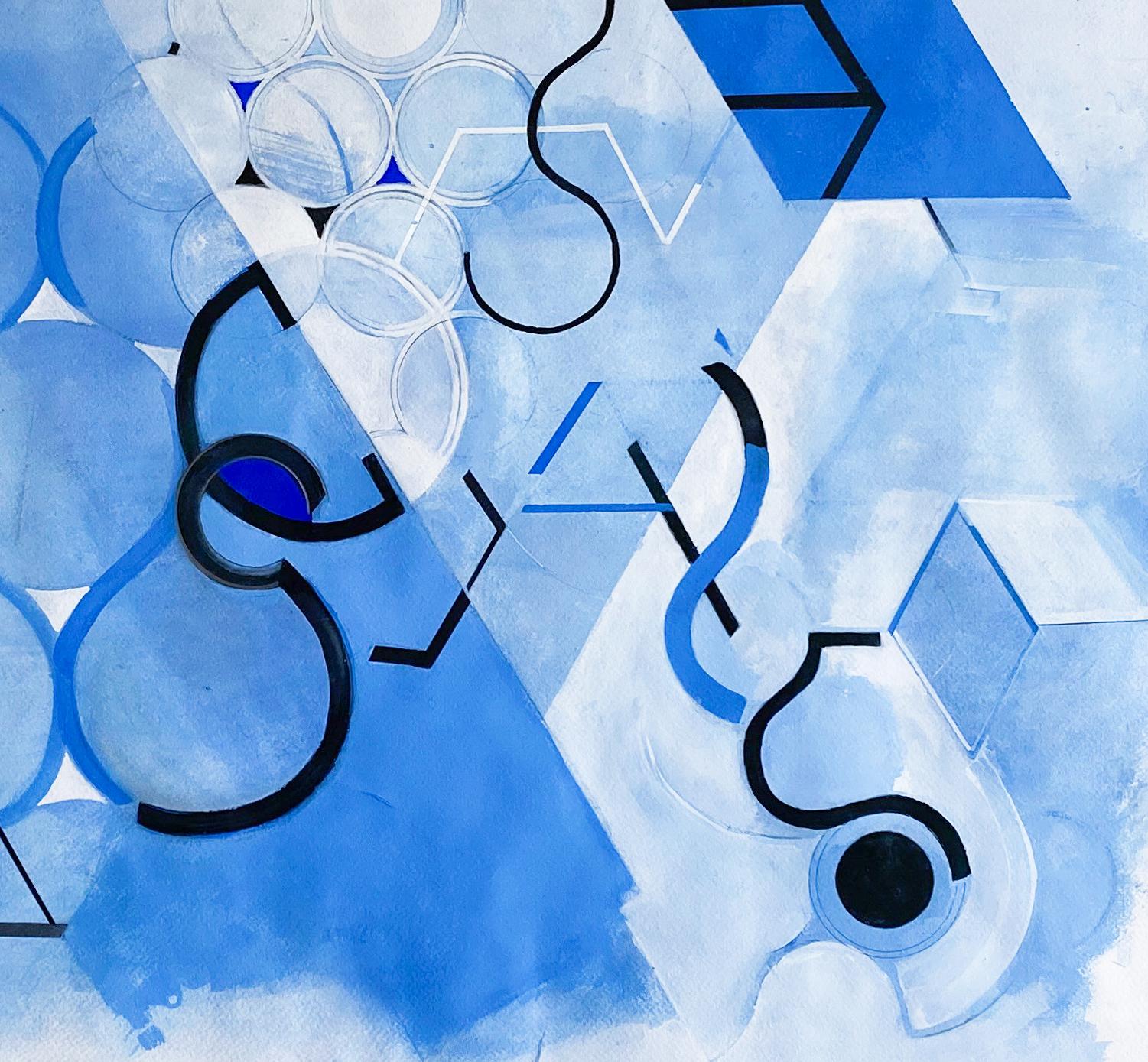 Blaue blaue Mutterzeichnung #3 (Geometrisches abstraktes Aquarellmalerei in Blau und Schwarz) im Angebot 1