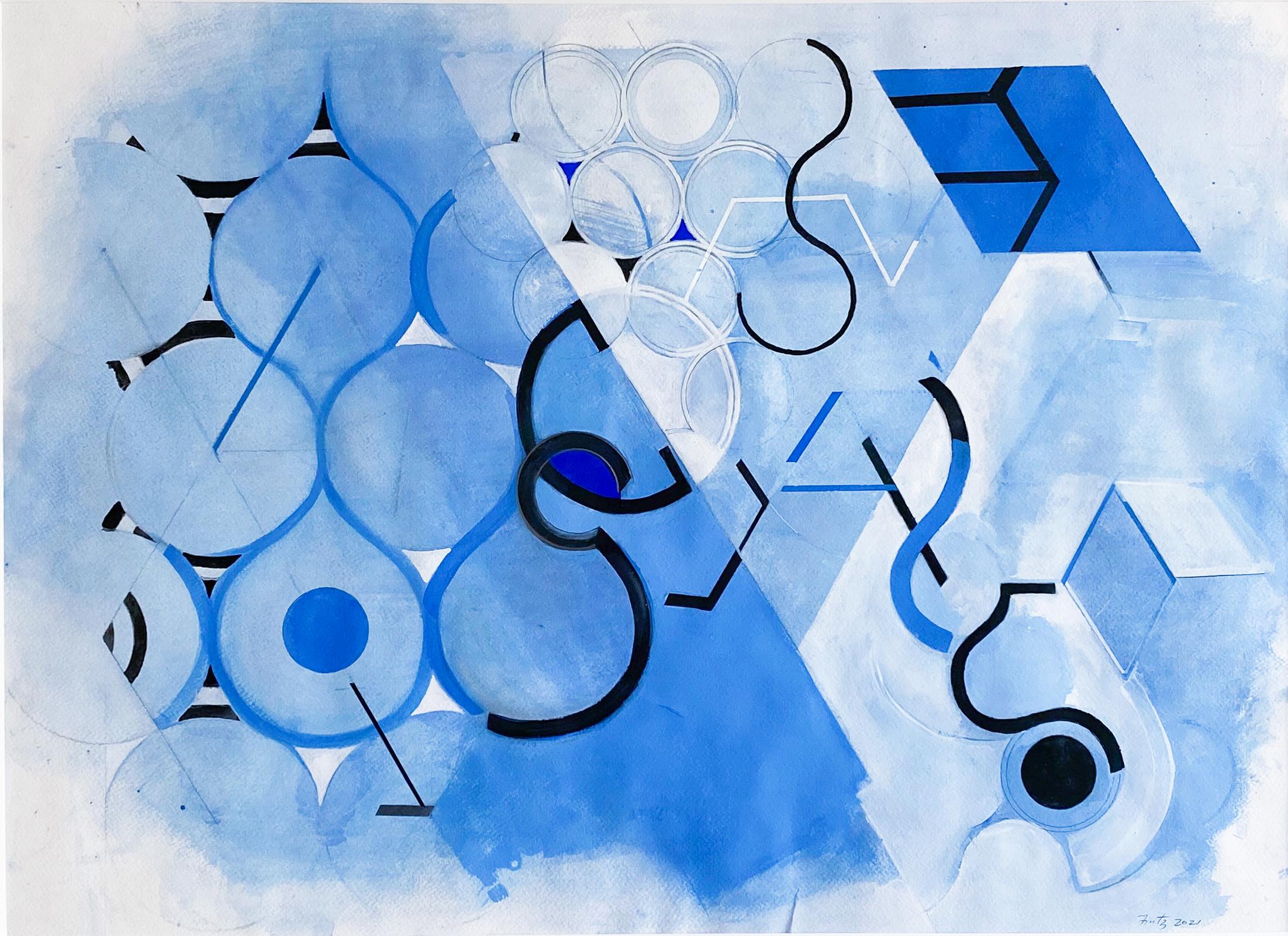 Blue Mother Drawing #3 (Geometric Abstract Watercolor Painting in Blue & Black)