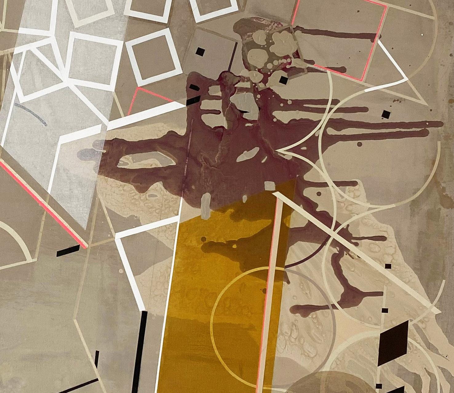 Geometric and gestural abstract painting on canvas in earth tones of beige, tan, and light brown with accents of dark magenta, light sienna, and neon pink 
Disturbances in the Field, 2019 by Jeanette Fintz
60 x 72 x 2 inches, acrylic on