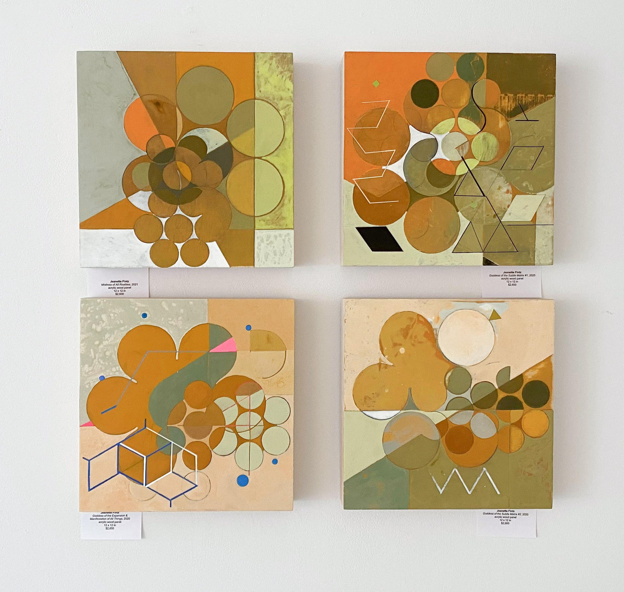 Déesse de l'expansion (peinture géométrique abstraite en orange, rose et neutre) - Géométrique abstrait Painting par Jeanette Fintz