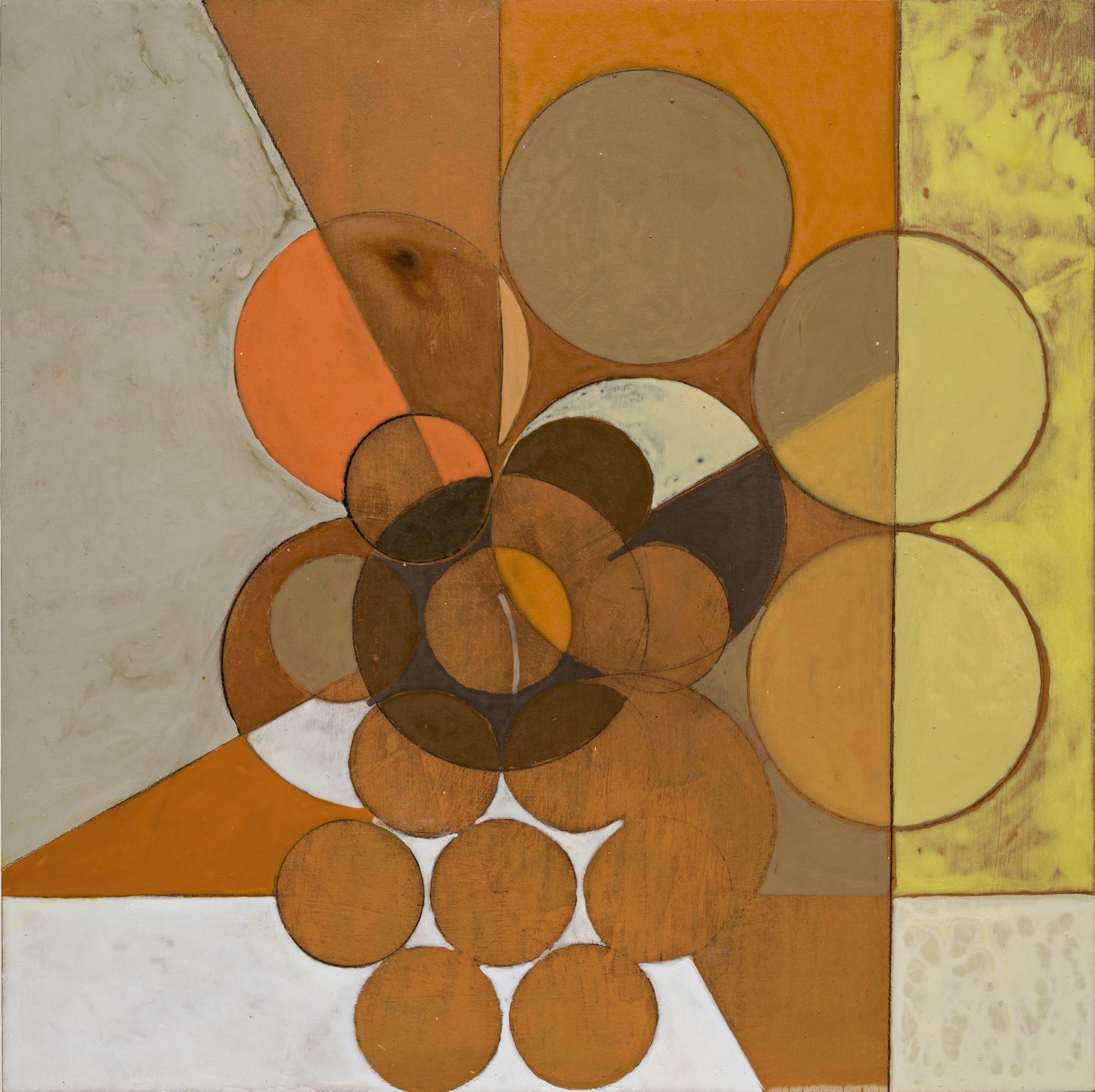 Goddess Paintings (Set of 4 Abstract Geometric Orange Paintings on Panel) - Beige Abstract Painting by Jeanette Fintz