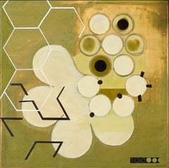 Green Mother #1 (Mid Century, Abstract Geometric Painting, White, Moss Green)