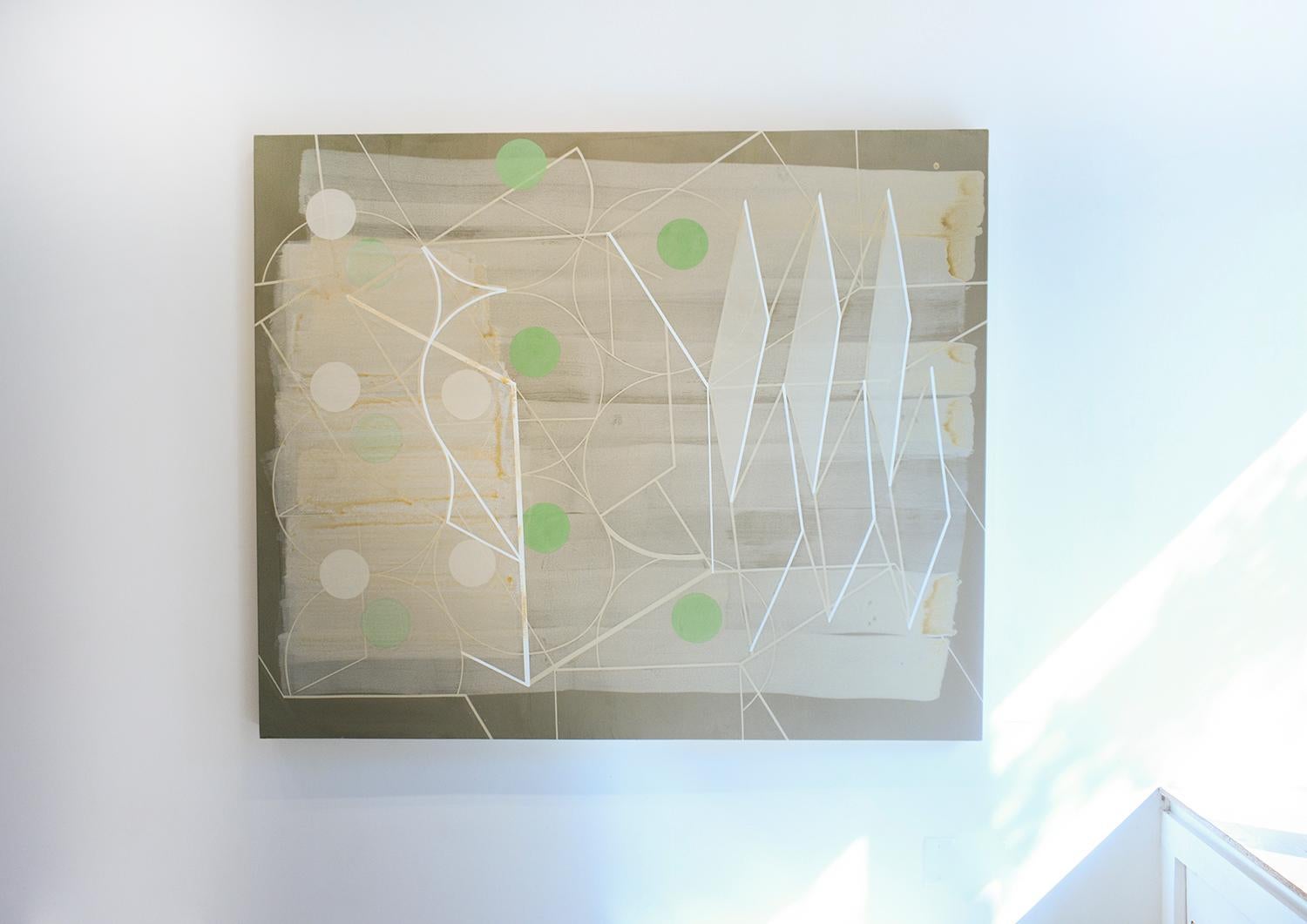 Geometric and gestural abstract painting on canvas in earth tones of beige, tan, light brown, with details of white and fern green 
