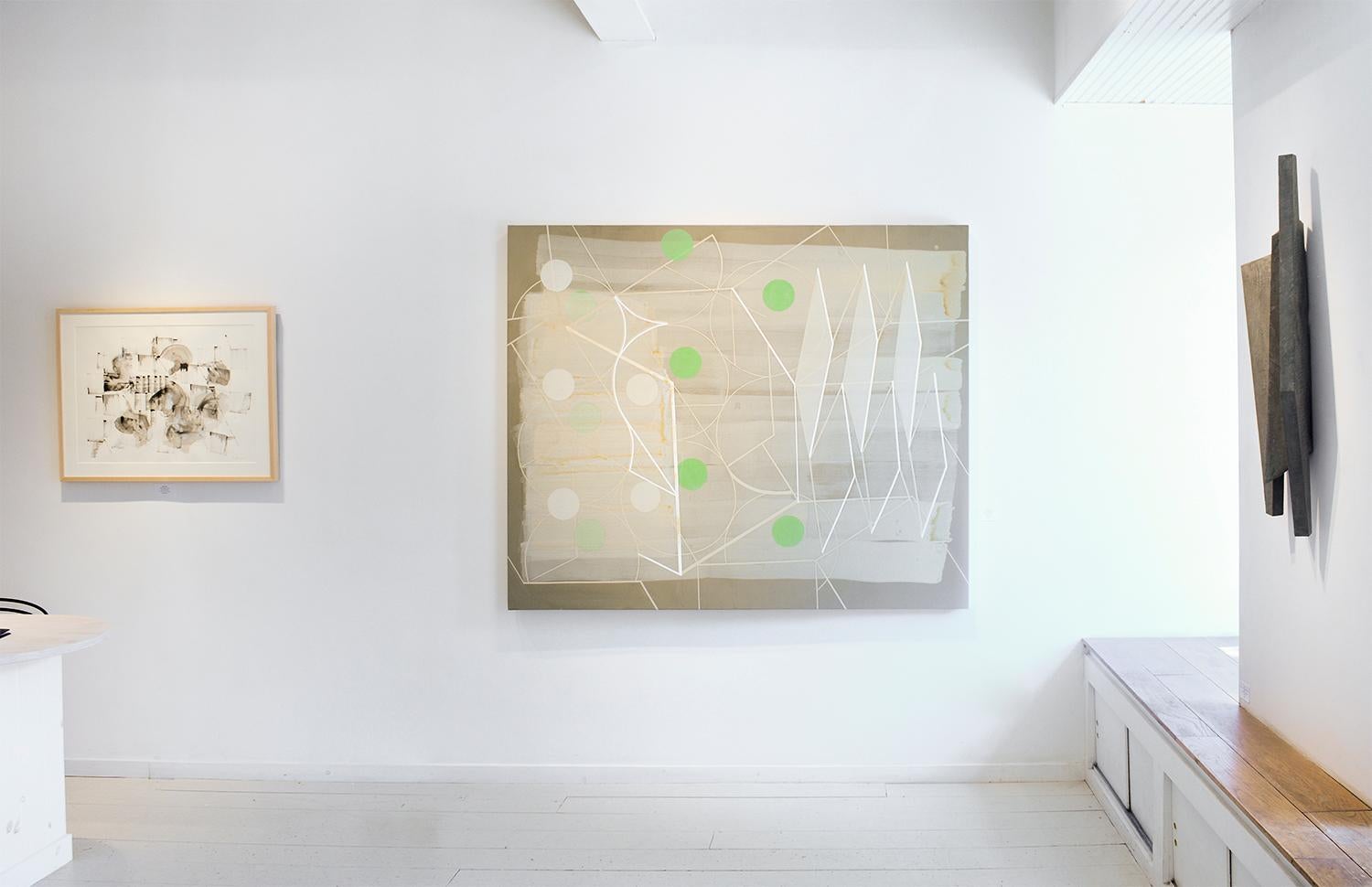 Passing Through #1 (Geometric Abstract Painting in Green, Beige and White) For Sale 1