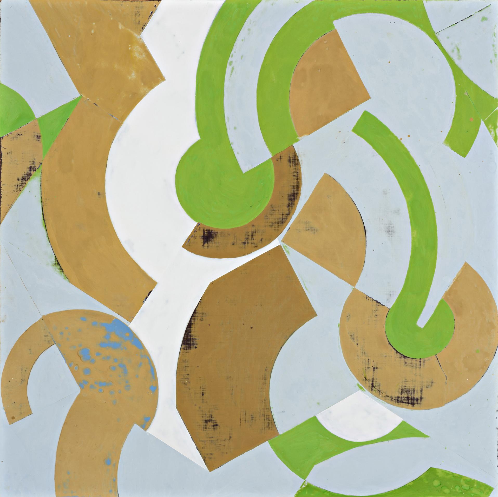 Geometric and gestural abstract painting on canvas in earth tones of green, beige, tan, green, light brown, and blue.
Plan for Spring #1, by Jeanette Fintz in 2018
24 x 24 x 2 inches acrylic on wood panel
Signed verso, ready to install

Pairs as a