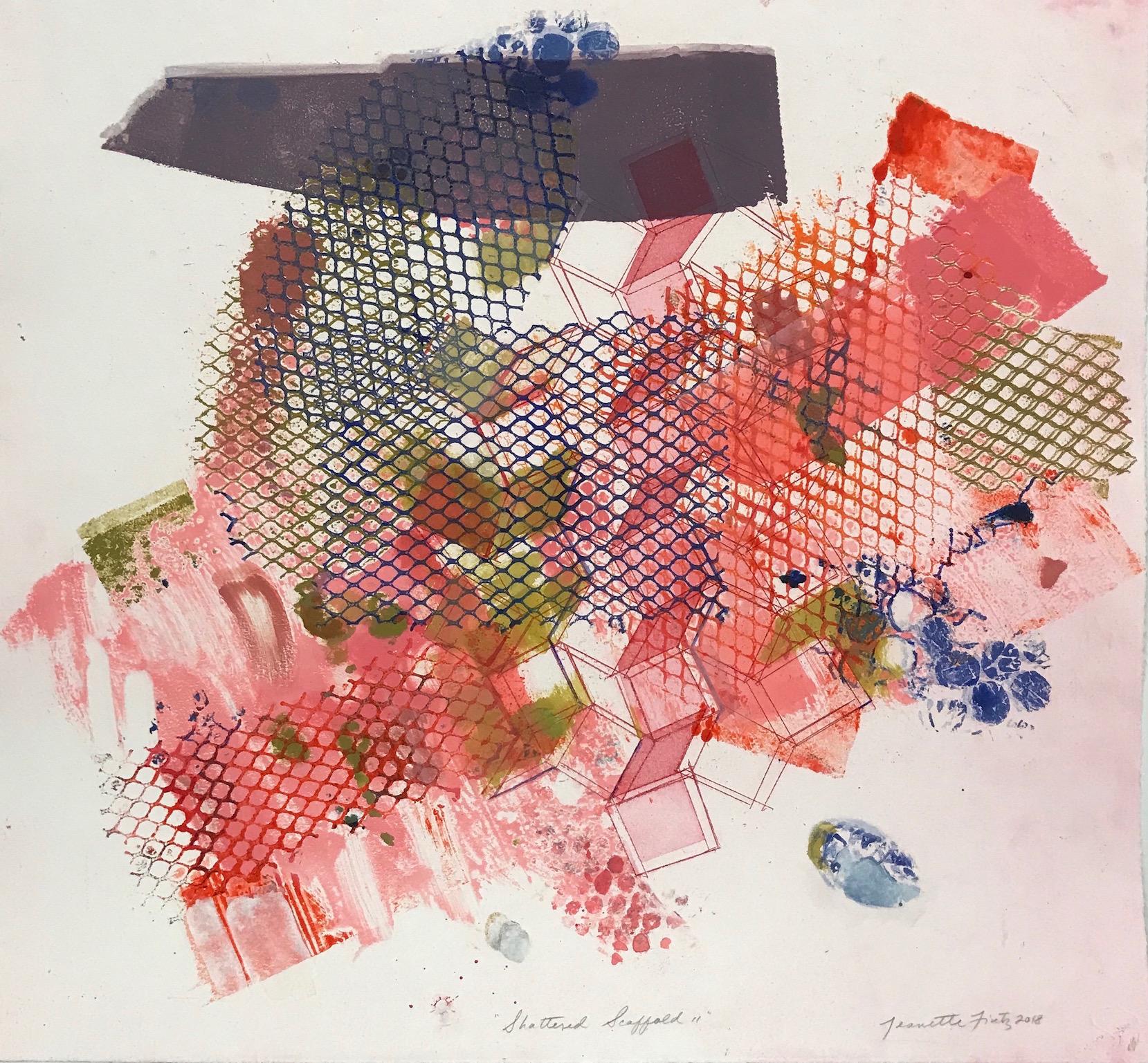 Jeanette Fintz Abstract Print - "Shattered Scaffold 11", gestural abstract etched monoprint, red, blue, pink.