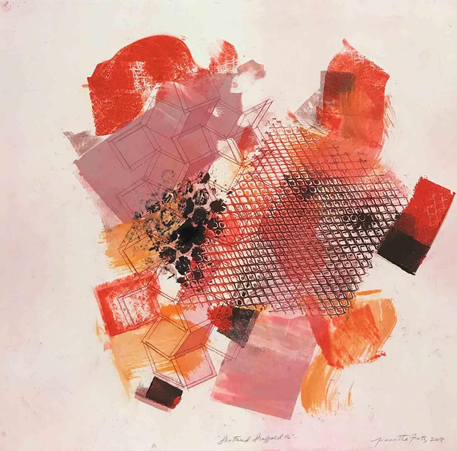 Jeanette Fintz Abstract Print - "Shattered Scaffold 16", gestural abstract monoprint, violet, pink, red, orange.