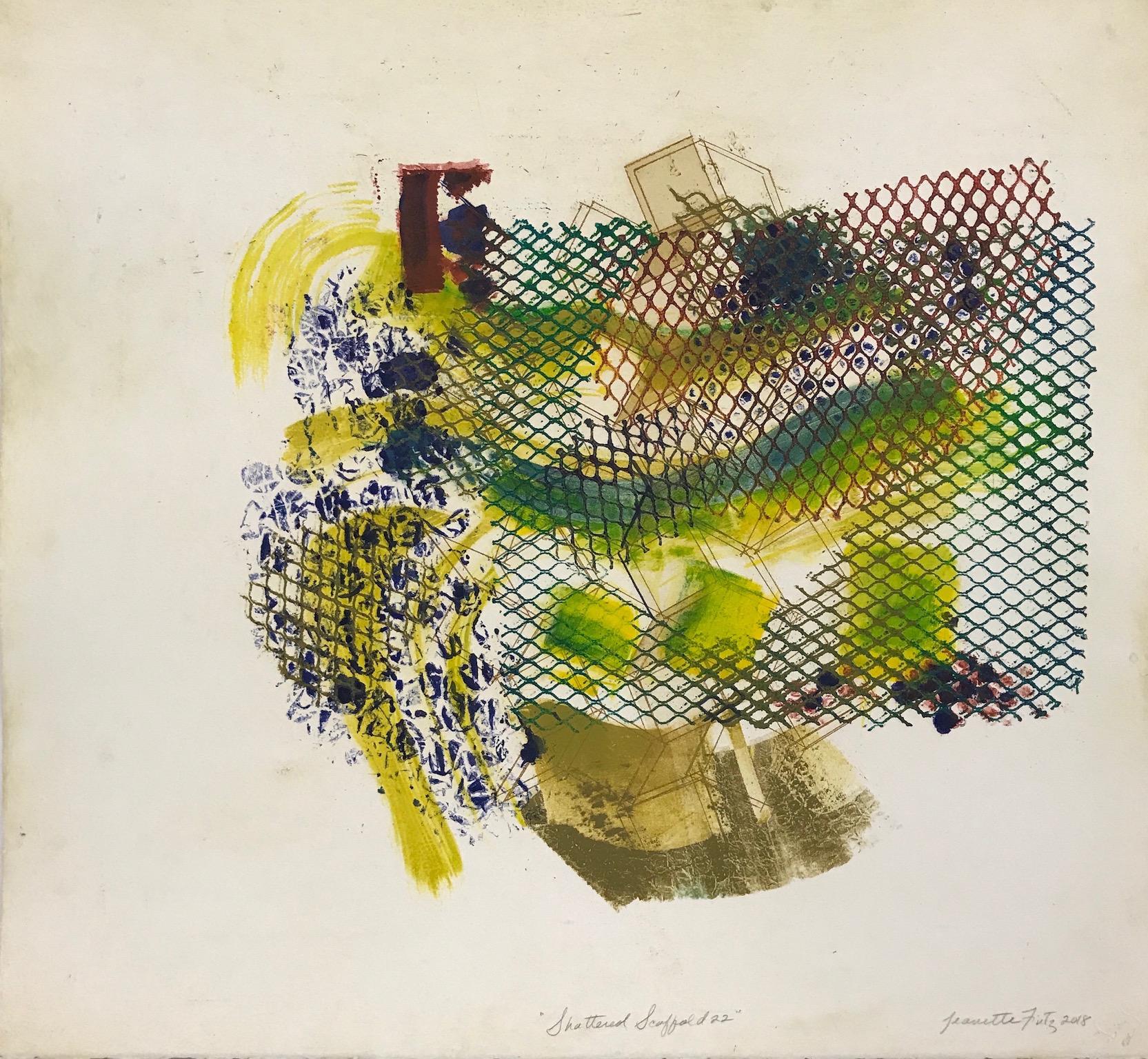 Jeanette Fintz Abstract Print - "Shattered Scaffold 22", gestural abstract monoprint, green, blues, yellow.