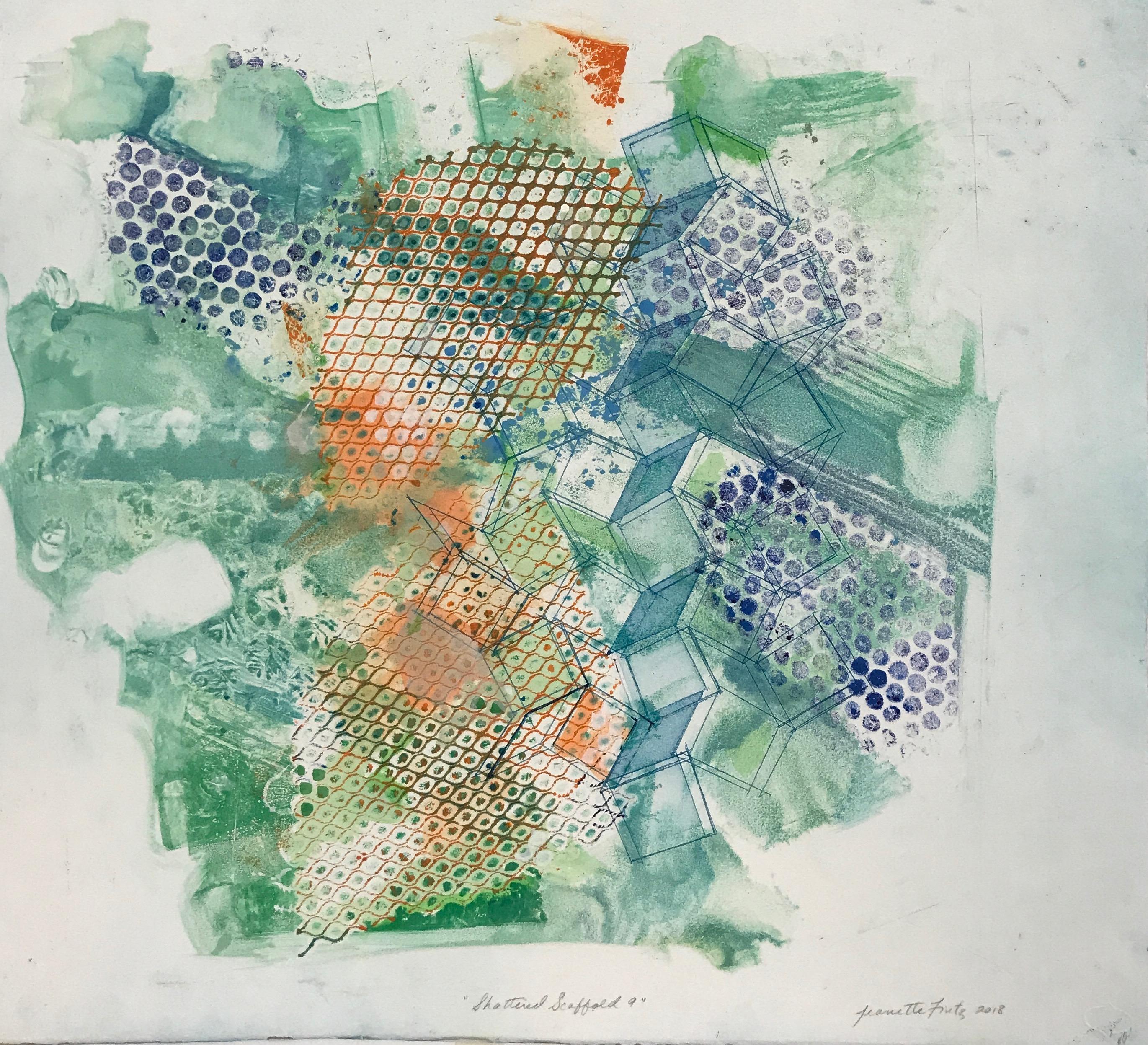 Jeanette Fintz Abstract Print - "Shattered Scaffold 9", gestural abstract etched monoprint, blue, green, orange.