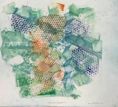 "Shattered Scaffold 9", gestural abstract etched monoprint, blue, green, orange.